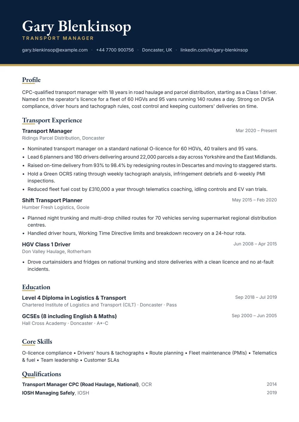 transport manager cv template