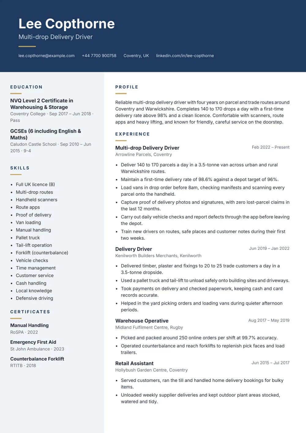 Multi-drop Van Driver CV template