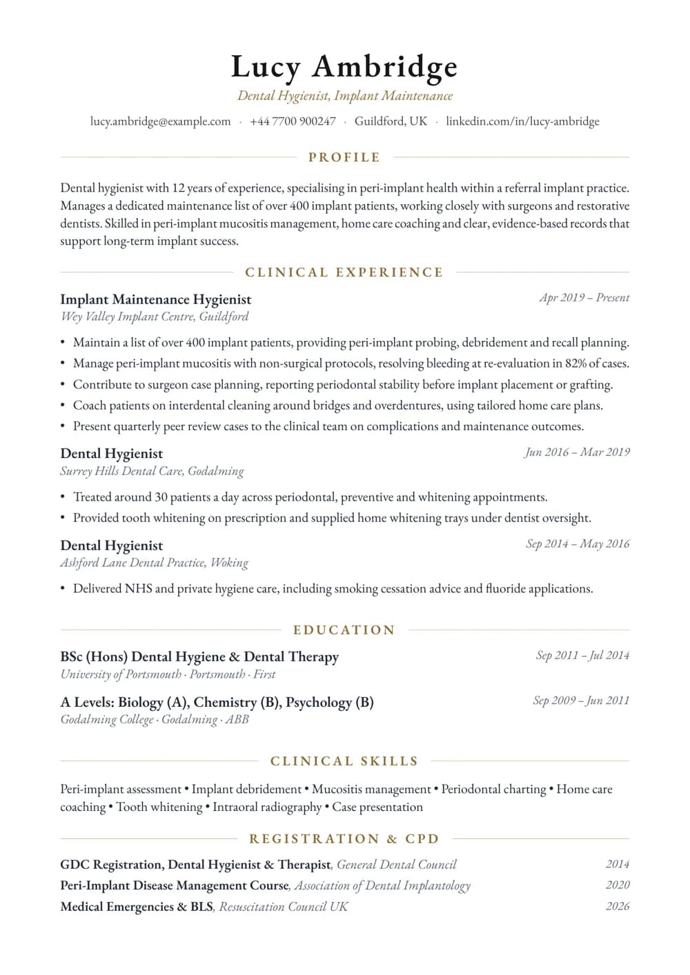 Implant Maintenance Hygienist CV template