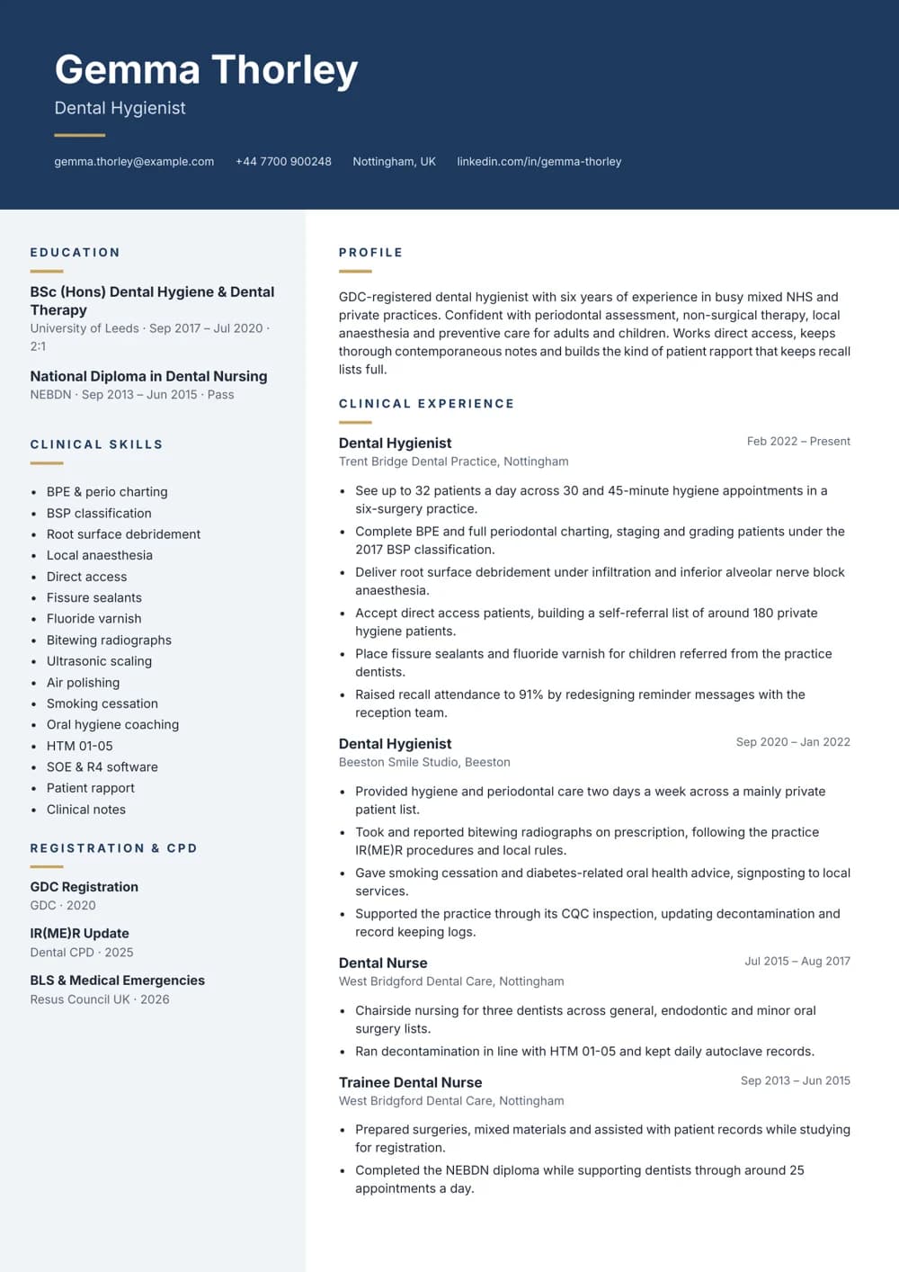 Mixed Practice Hygienist CV template
