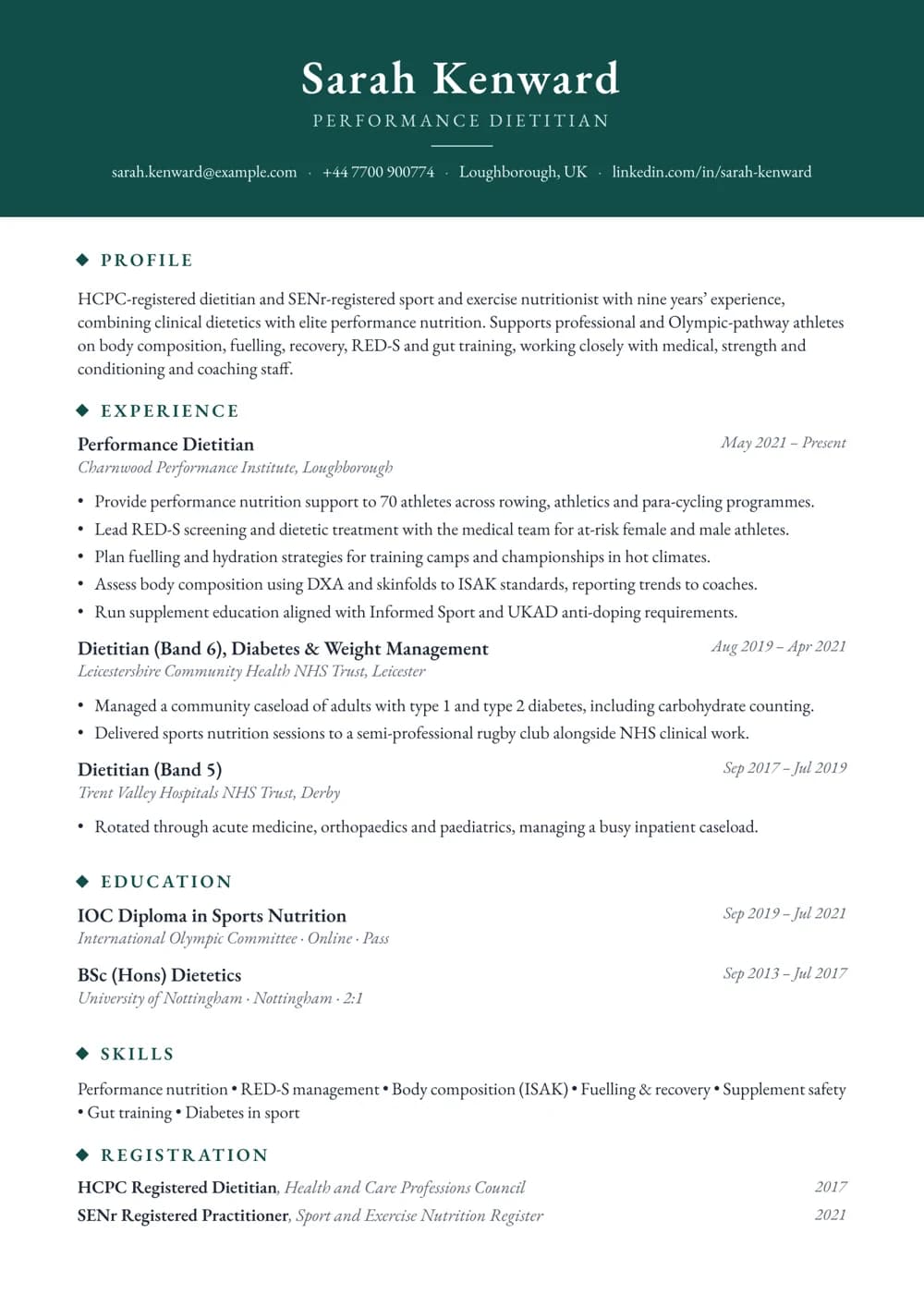 Sports Dietitian CV template