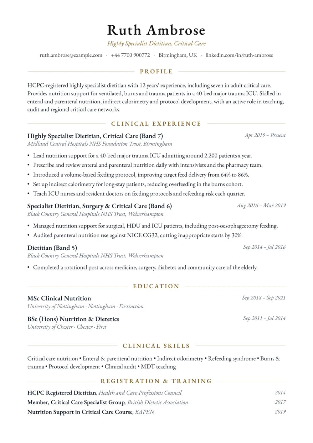 Critical Care Dietitian CV template