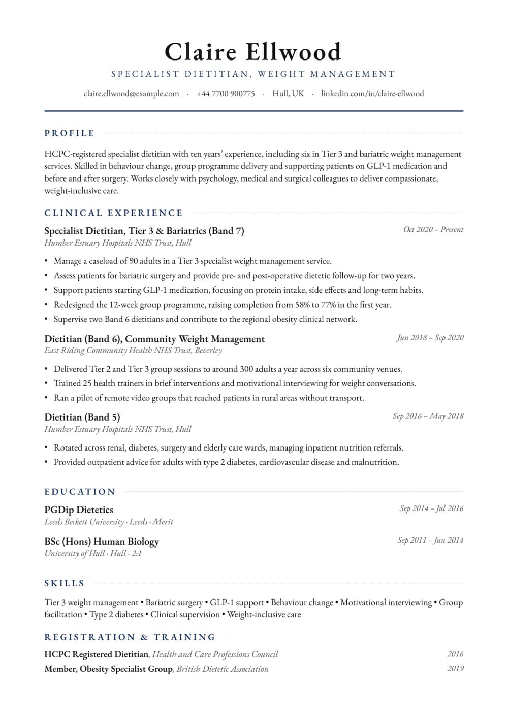Weight Management Dietitian CV template