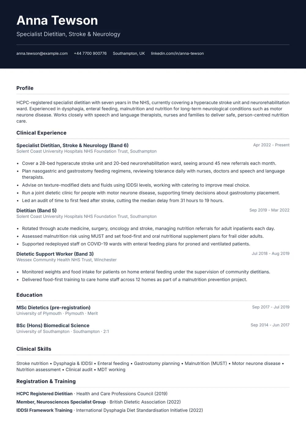 Stroke and Neurology Dietitian CV template