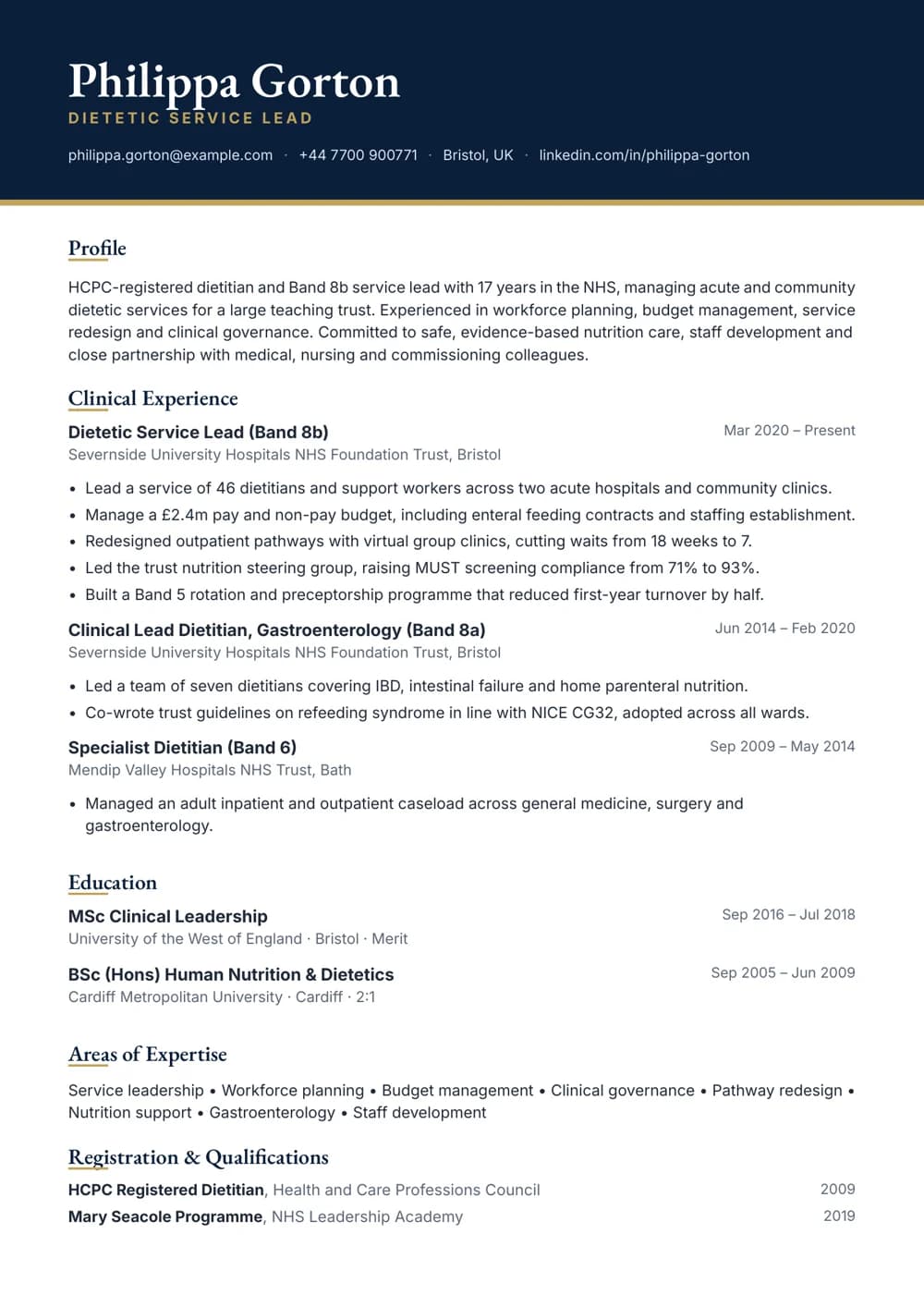Dietetic Service Lead CV template