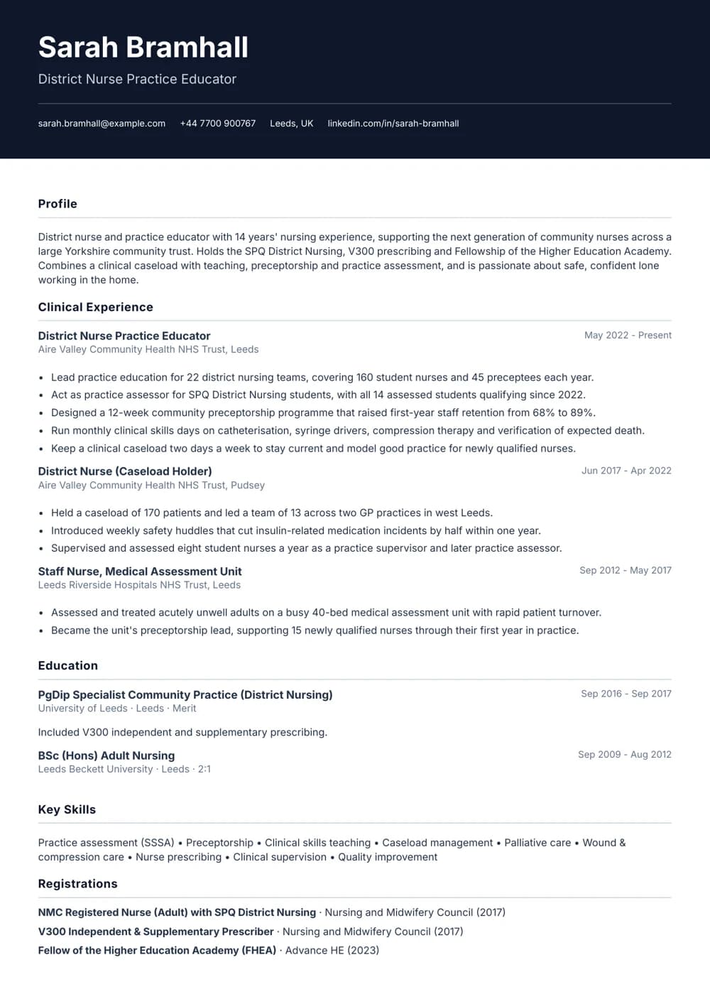 District Nurse Practice Educator CV template