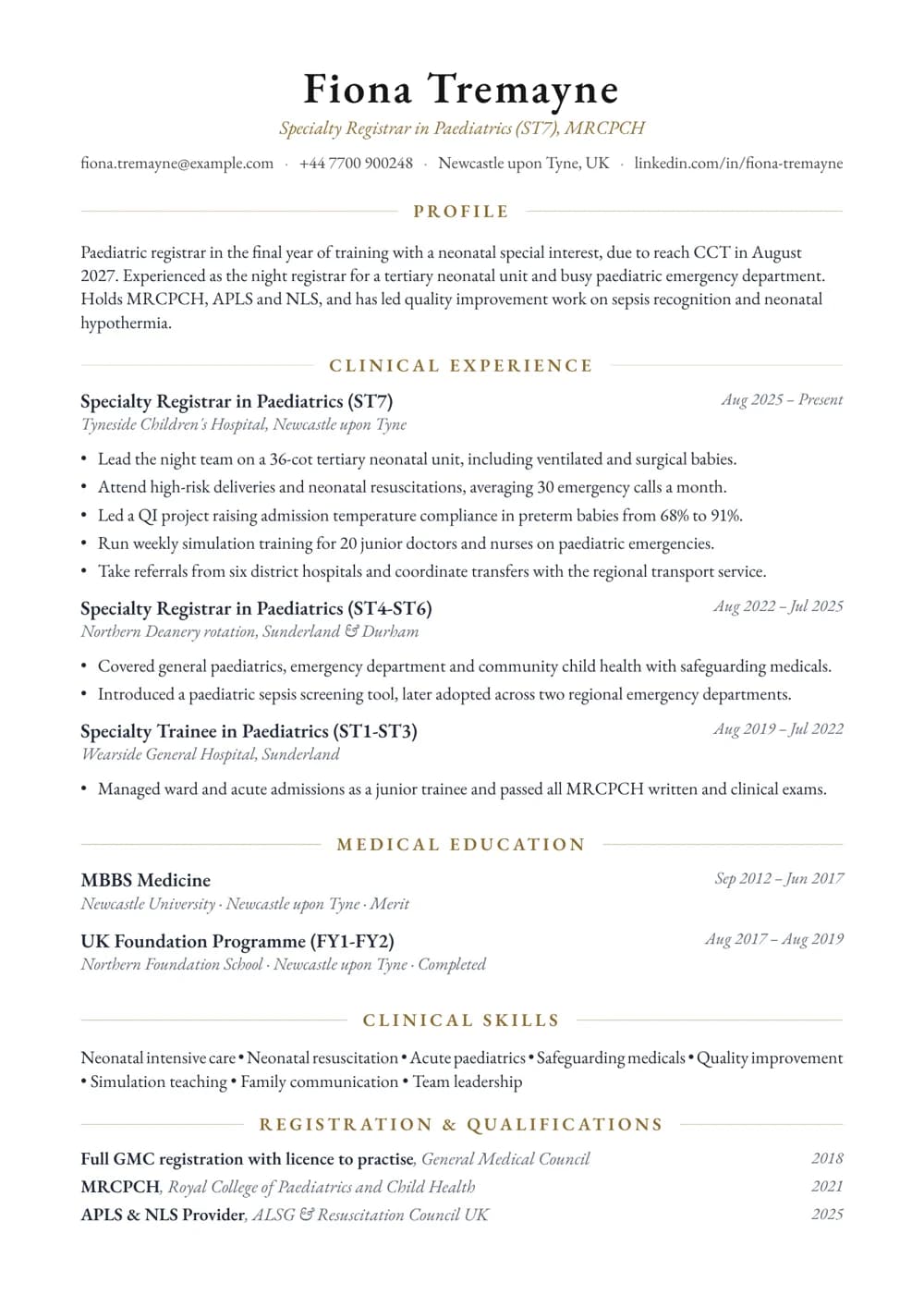 Paediatric Registrar CV template