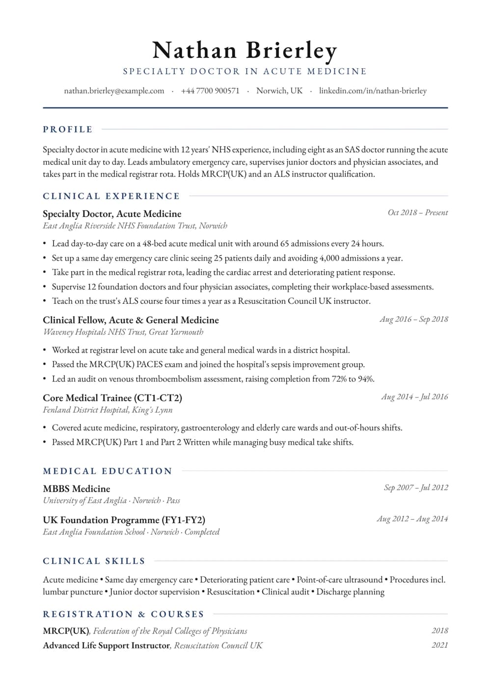 Specialty Doctor (SAS) CV template
