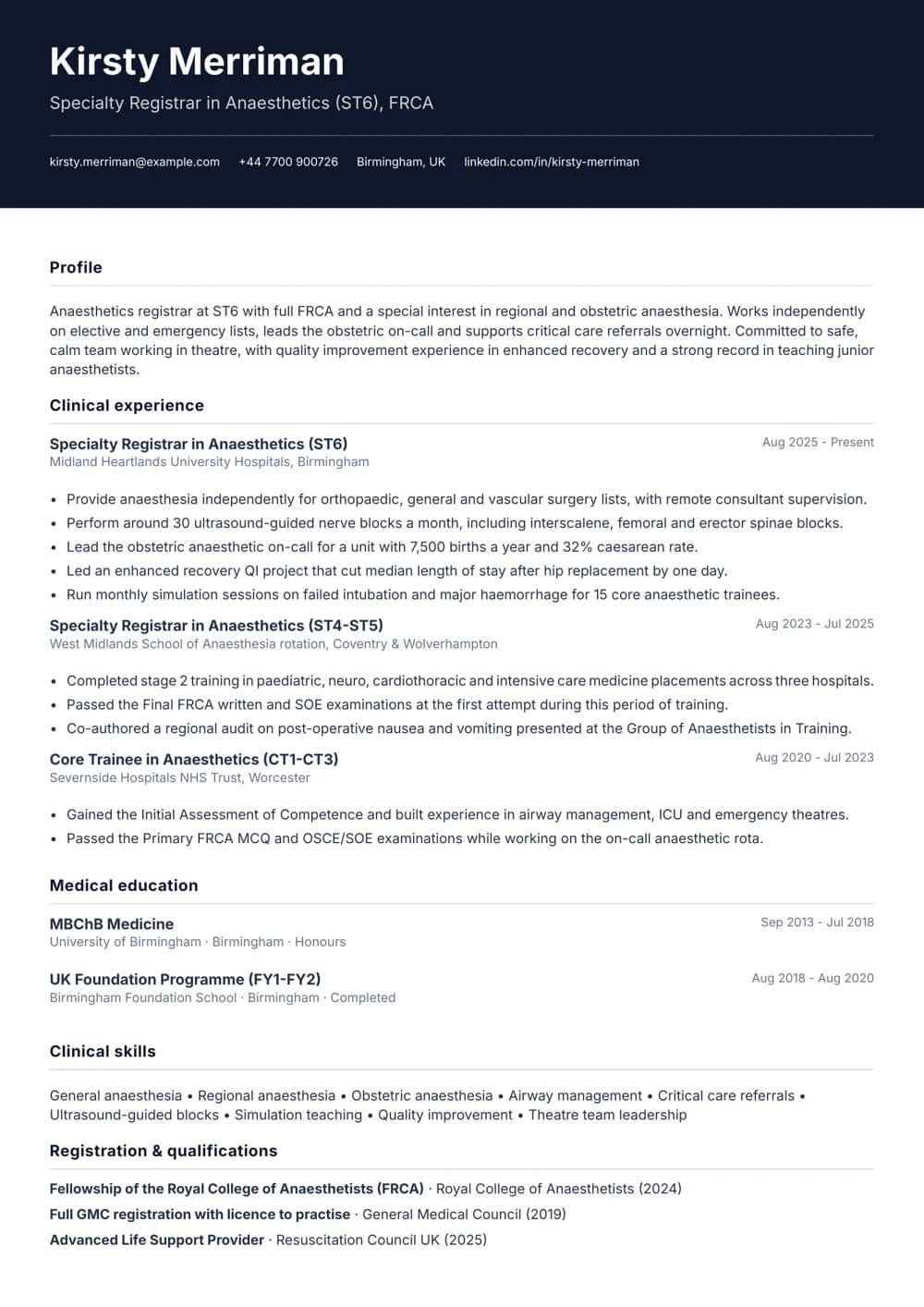 Anaesthetics Registrar CV template