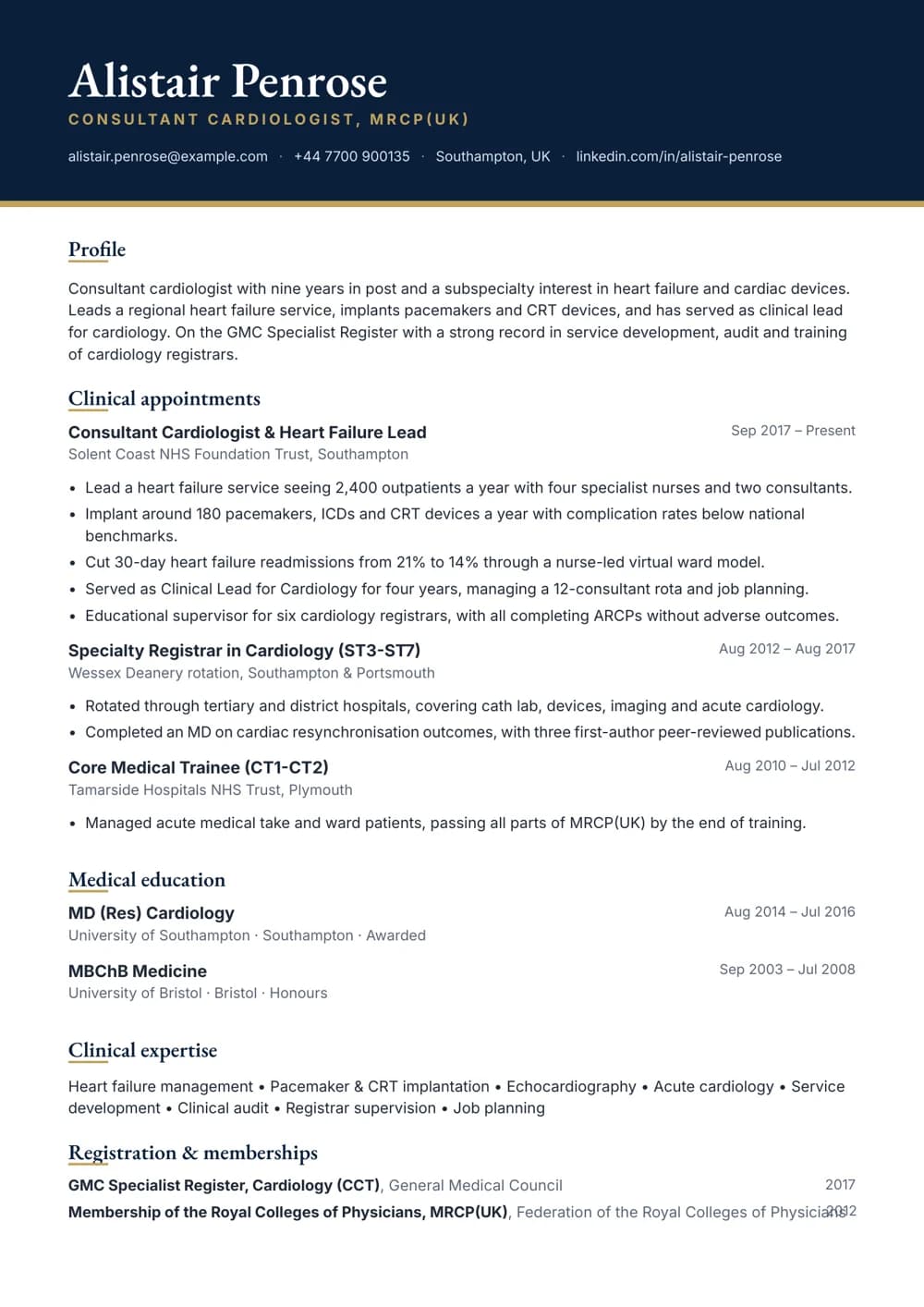 Consultant Cardiologist CV template