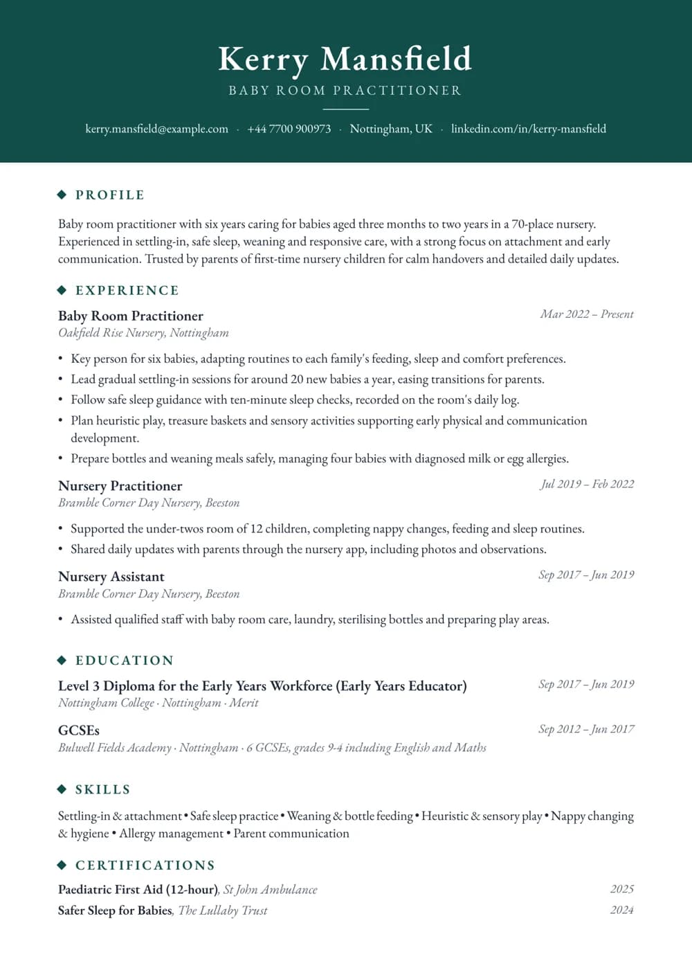 Baby Room Practitioner CV template