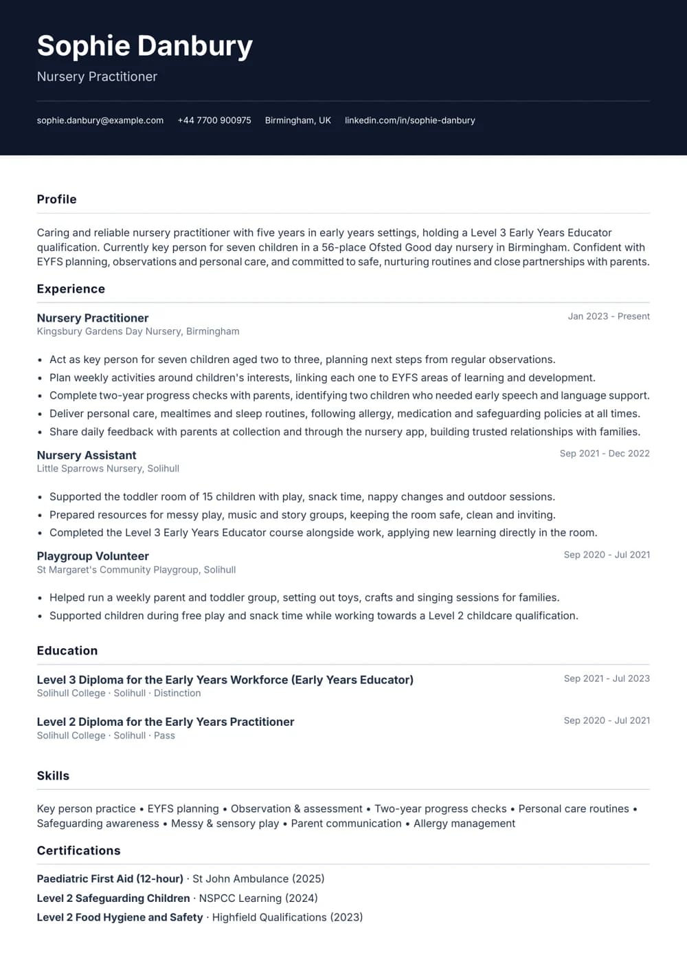 Nursery Practitioner CV template