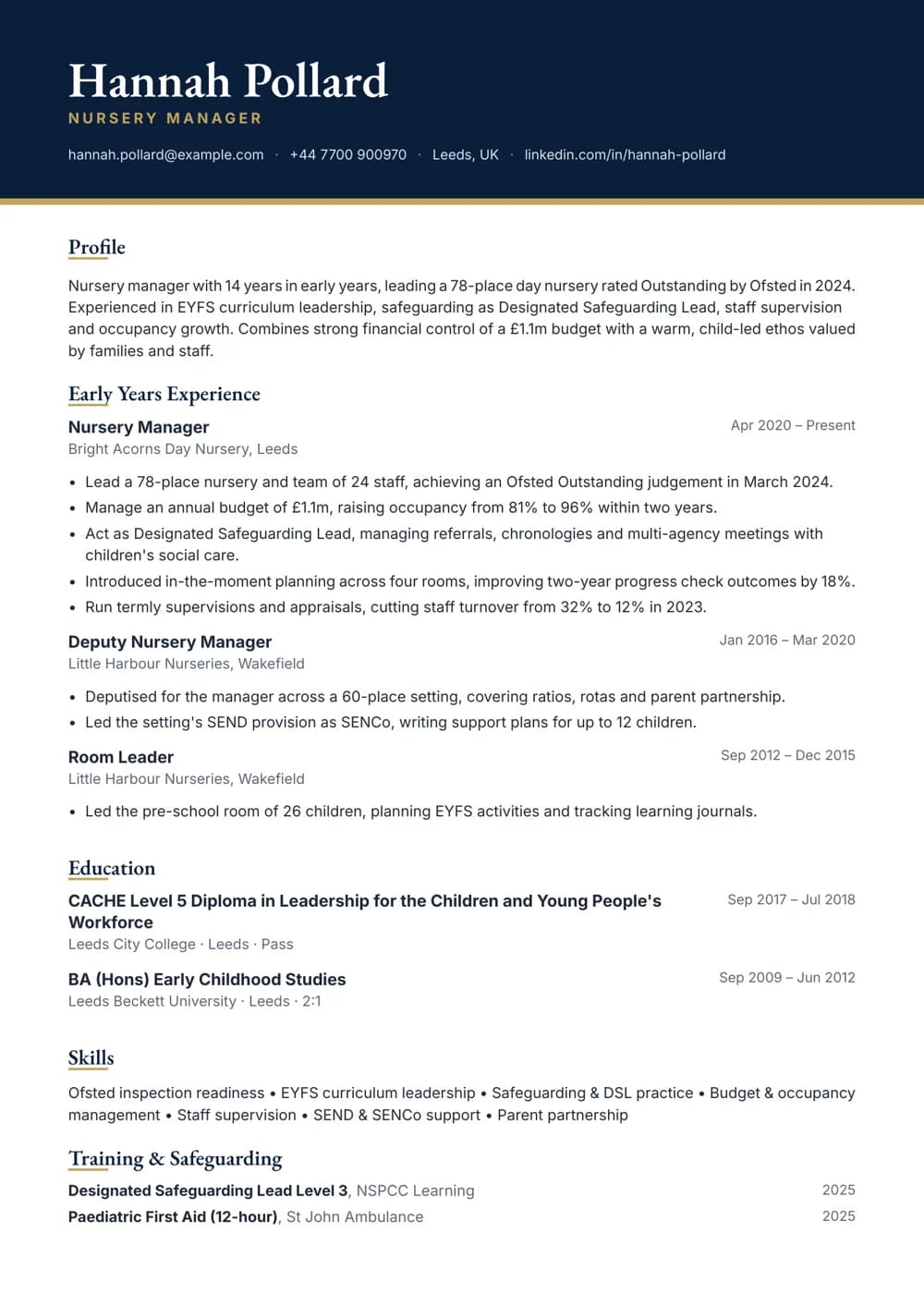 Nursery Manager CV template