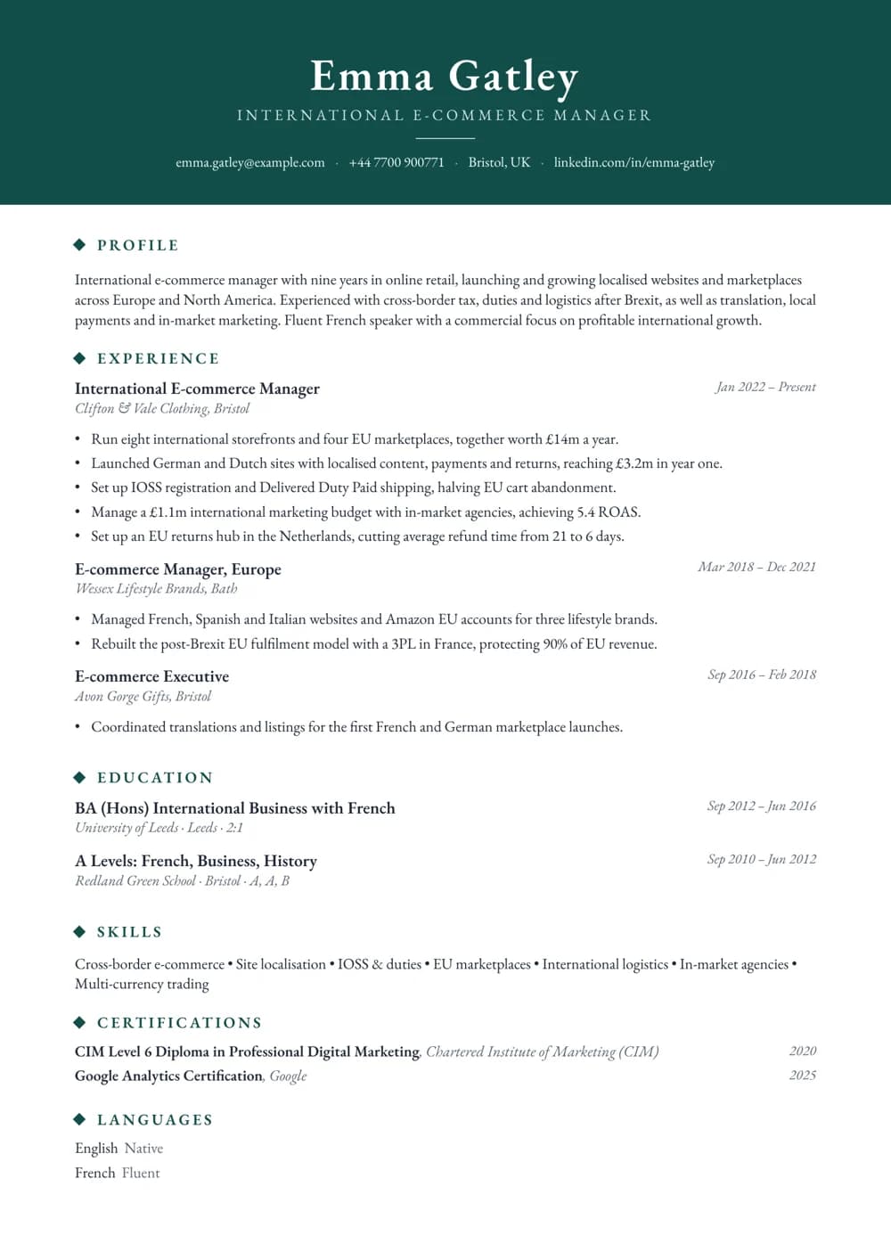 International E-commerce Manager CV template