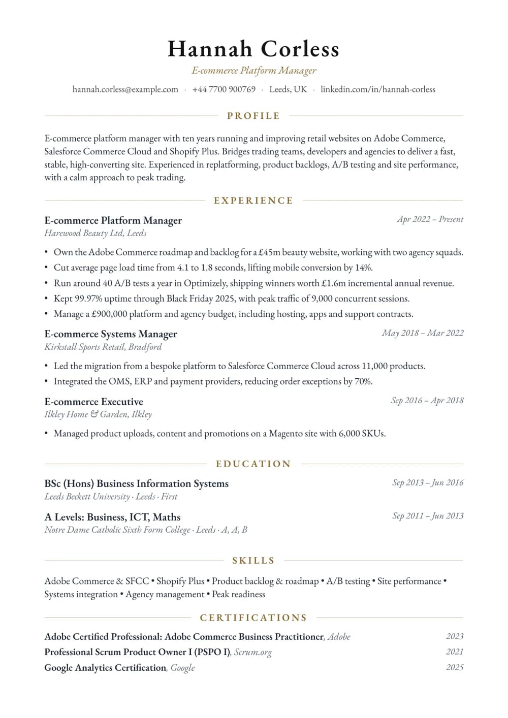 E-commerce Platform Manager CV template