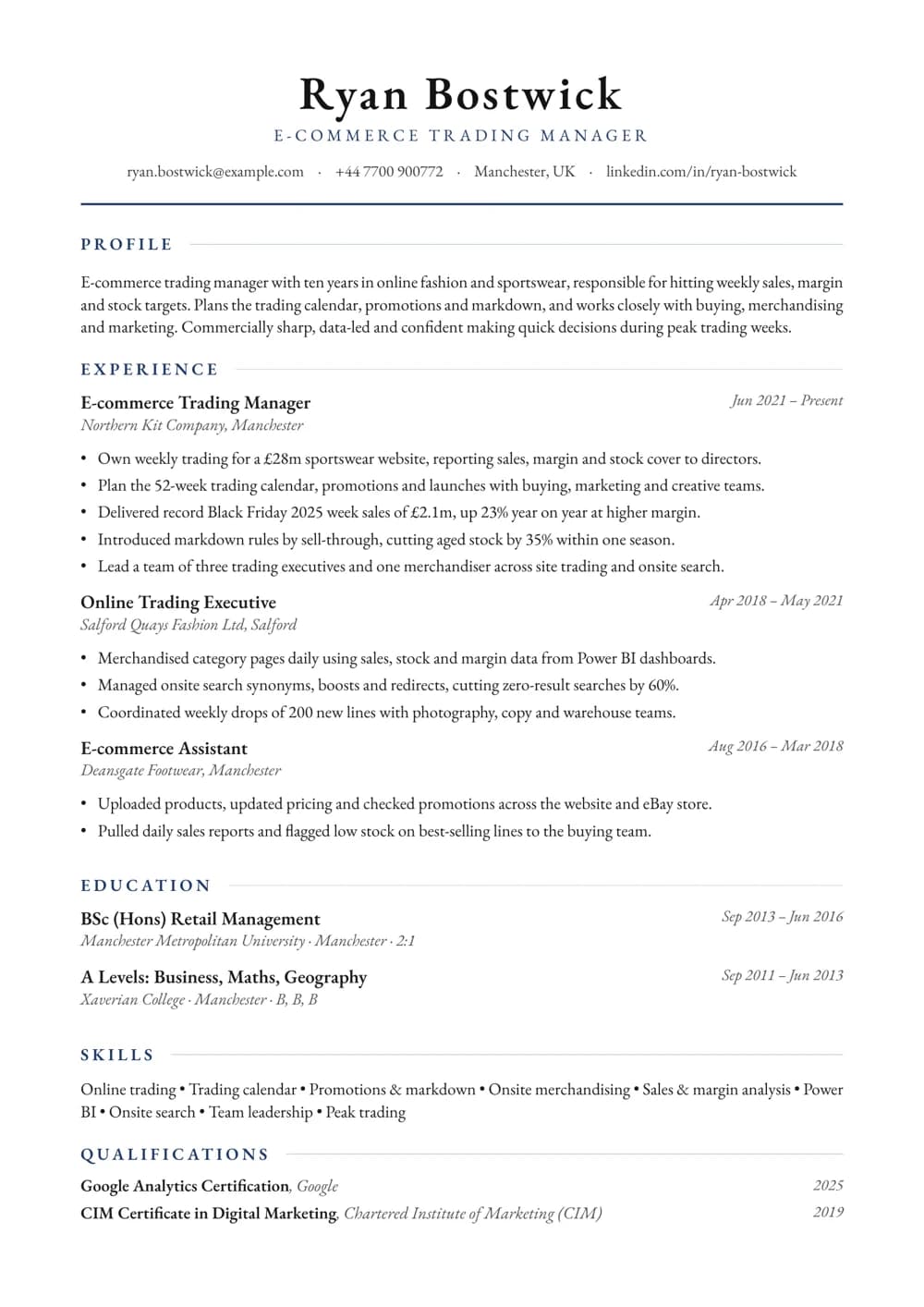E-commerce Trading Manager CV template