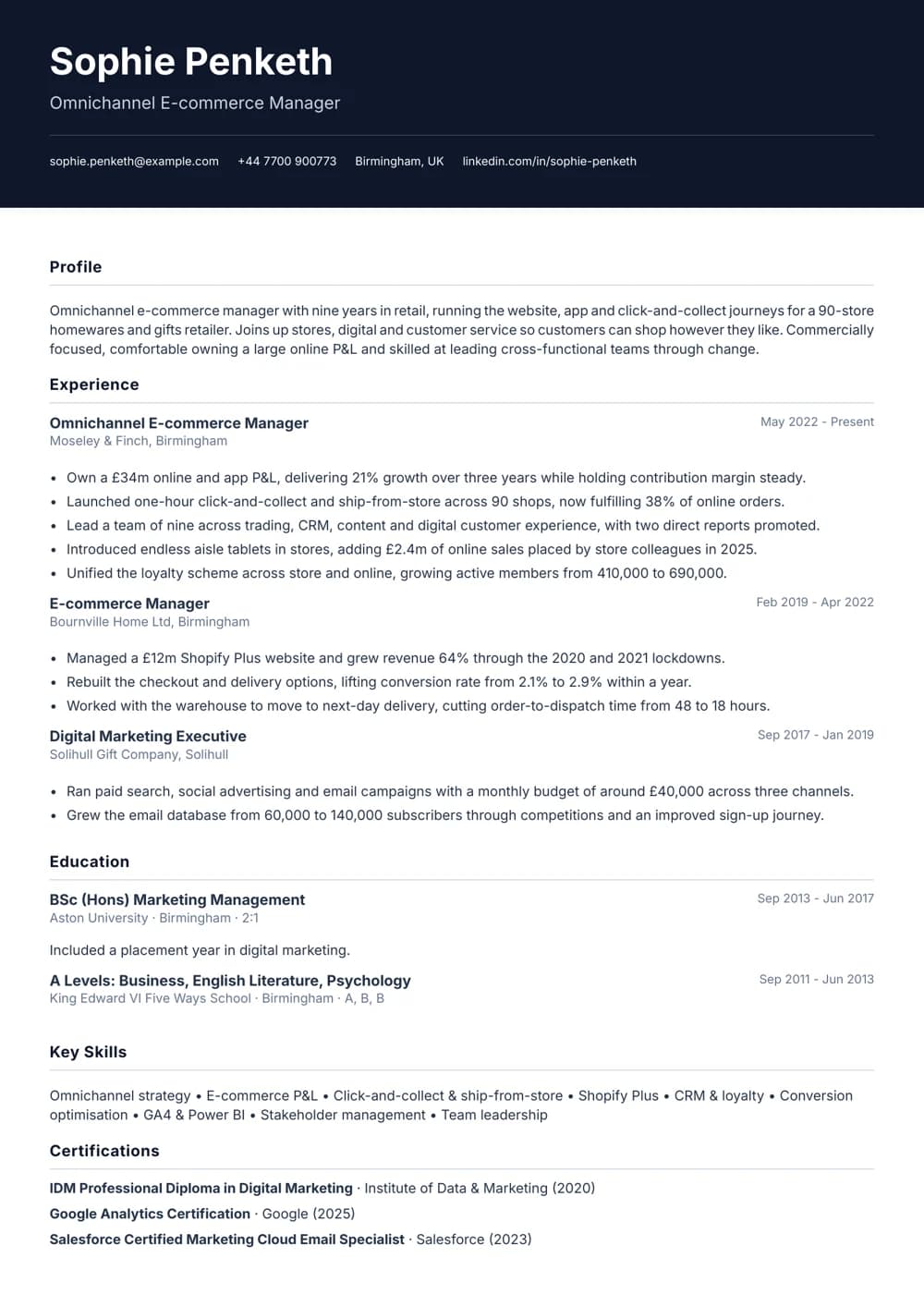 Omnichannel E-commerce Manager CV template