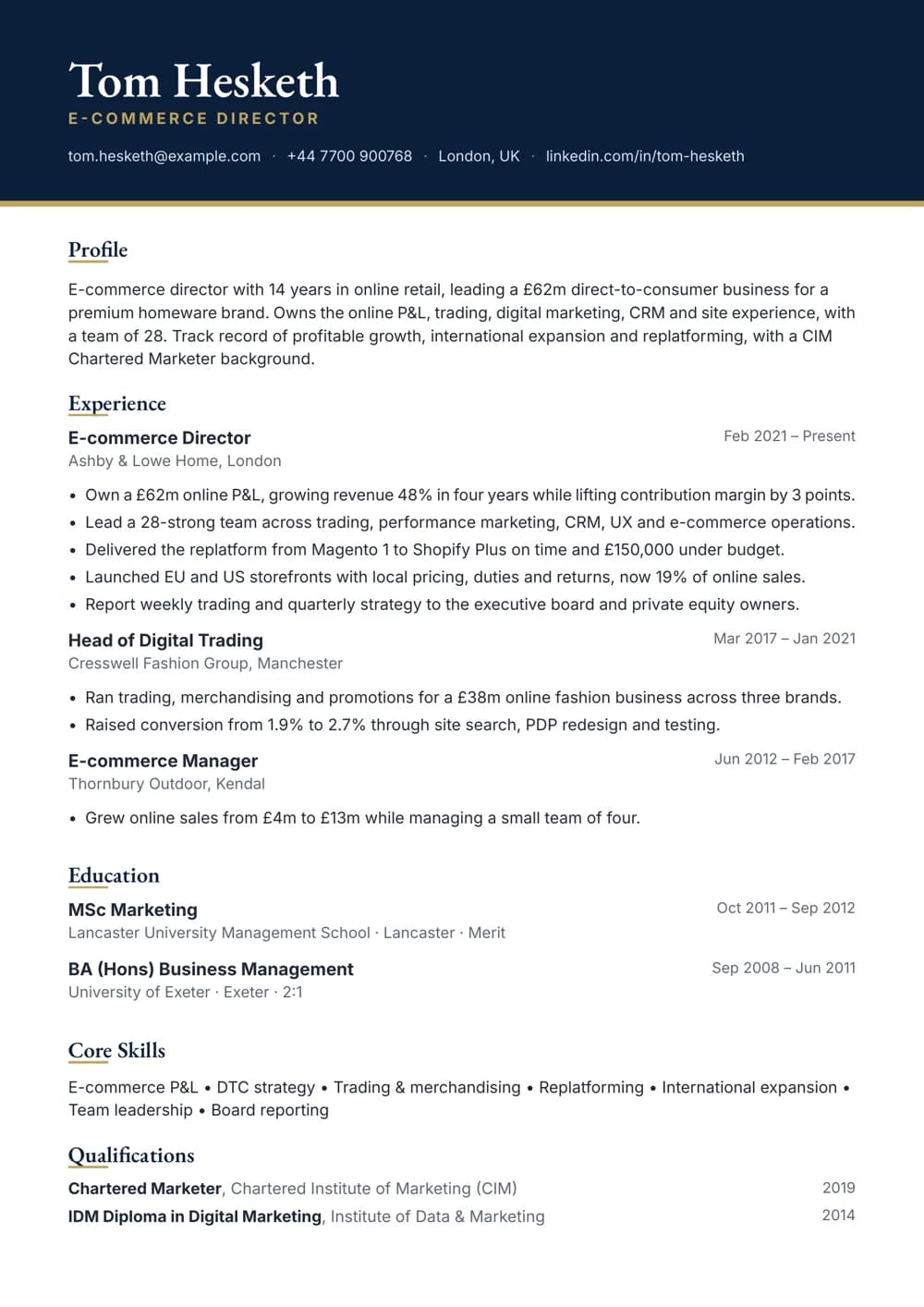 E-commerce Director CV template