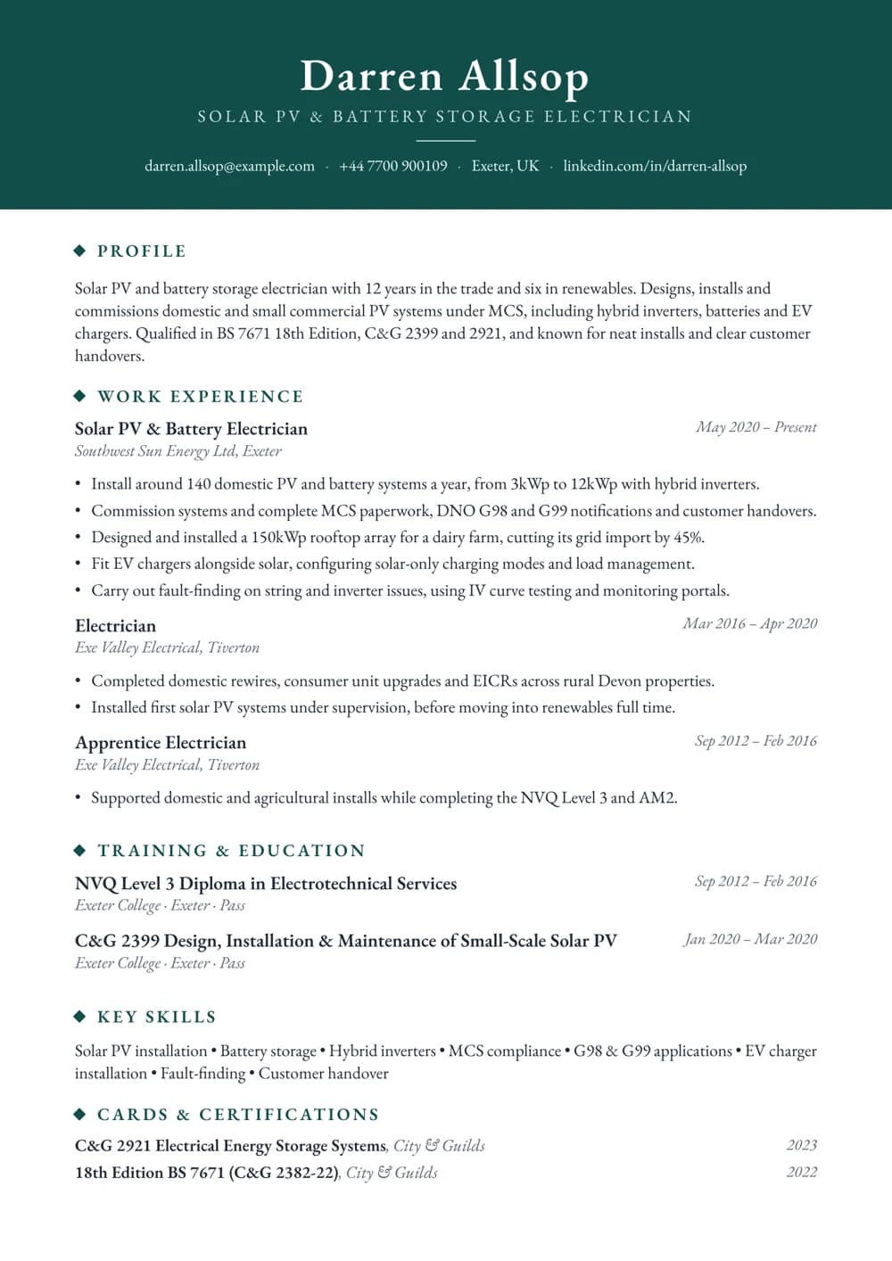 solar pv electrician cv template