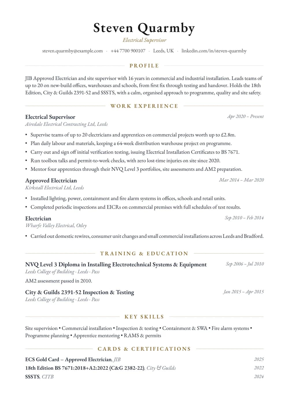 Electrical Supervisor CV template