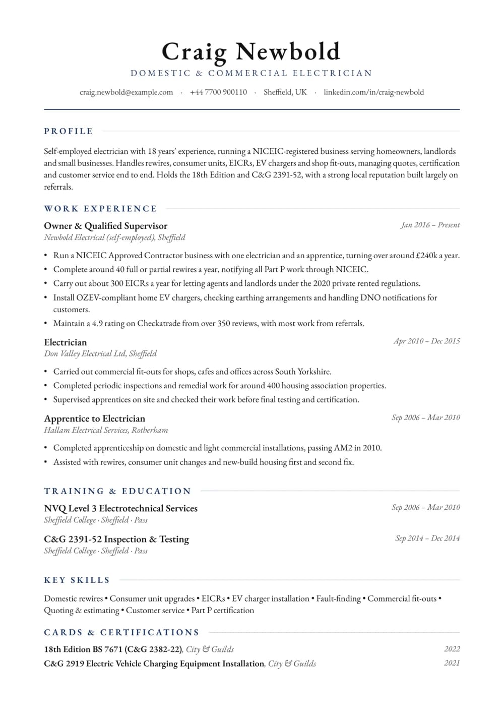 Self-Employed Electrician CV template