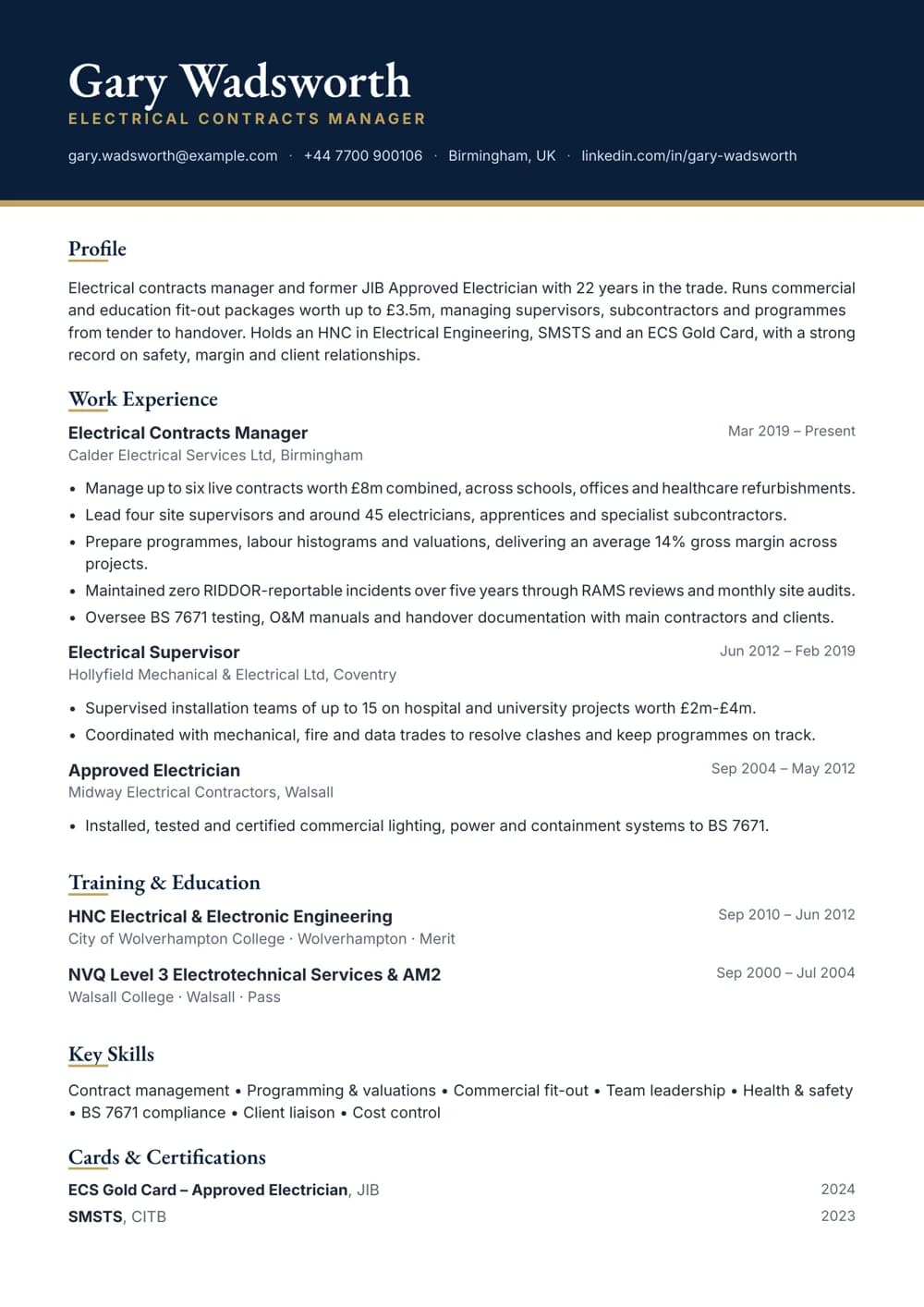 electrical contracts manager cv template