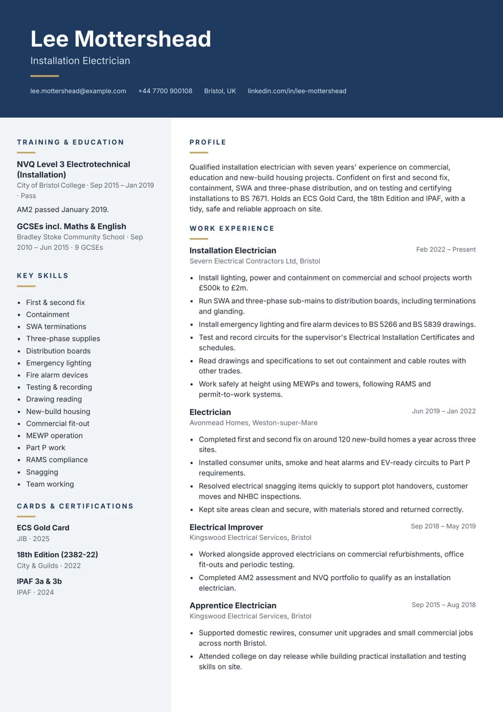 Installation Electrician CV template
