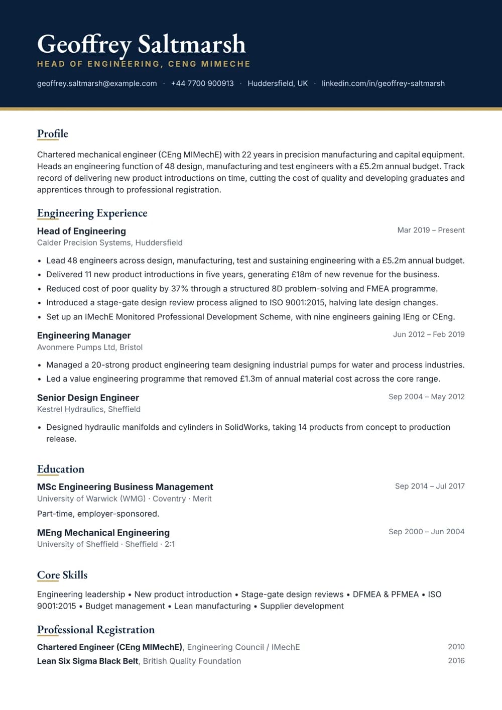 head of engineering cv template