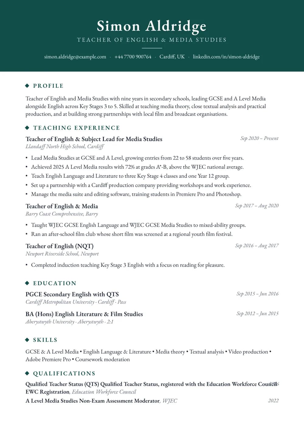English and Media Studies Teacher CV template