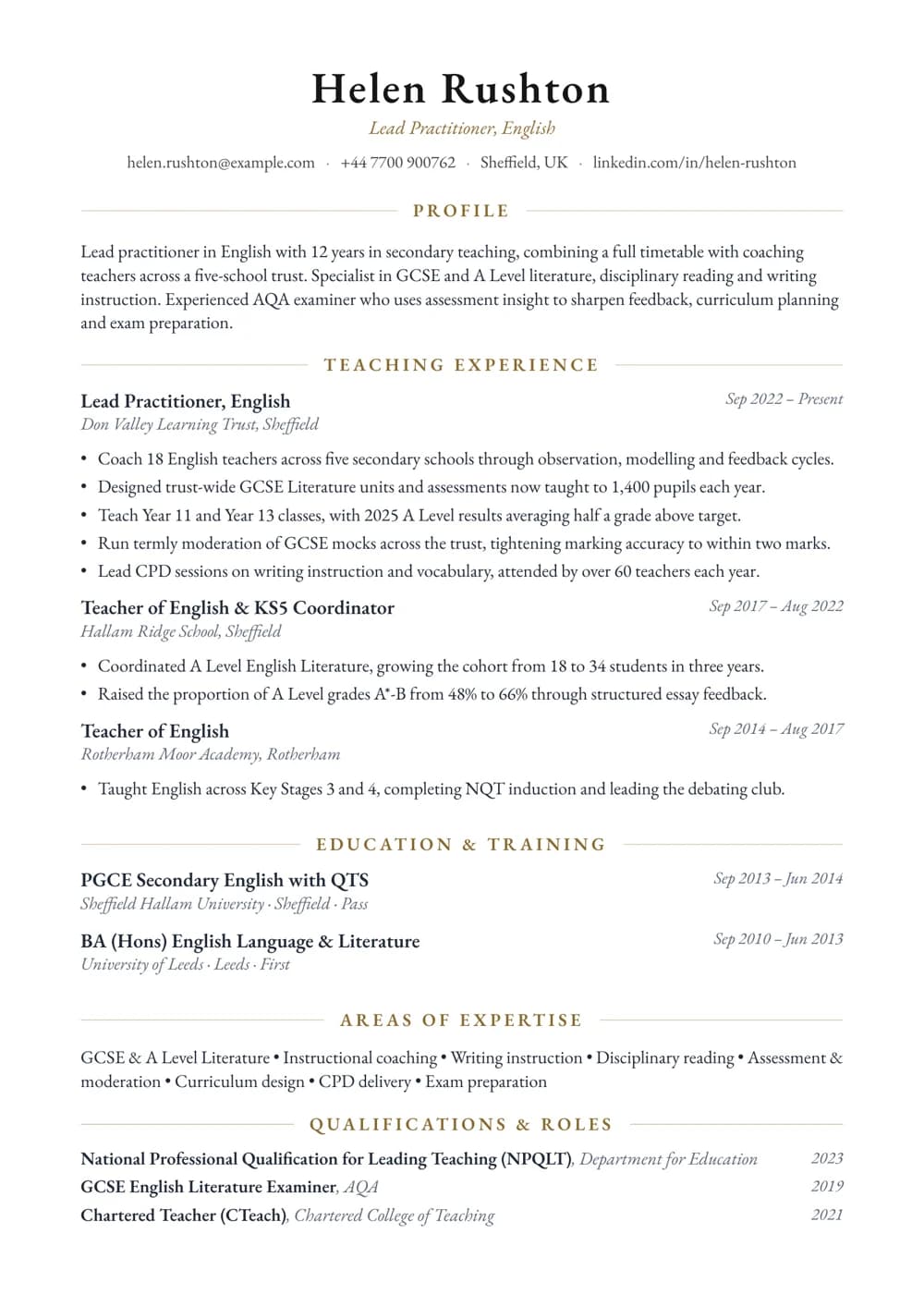 Lead Practitioner in English CV template
