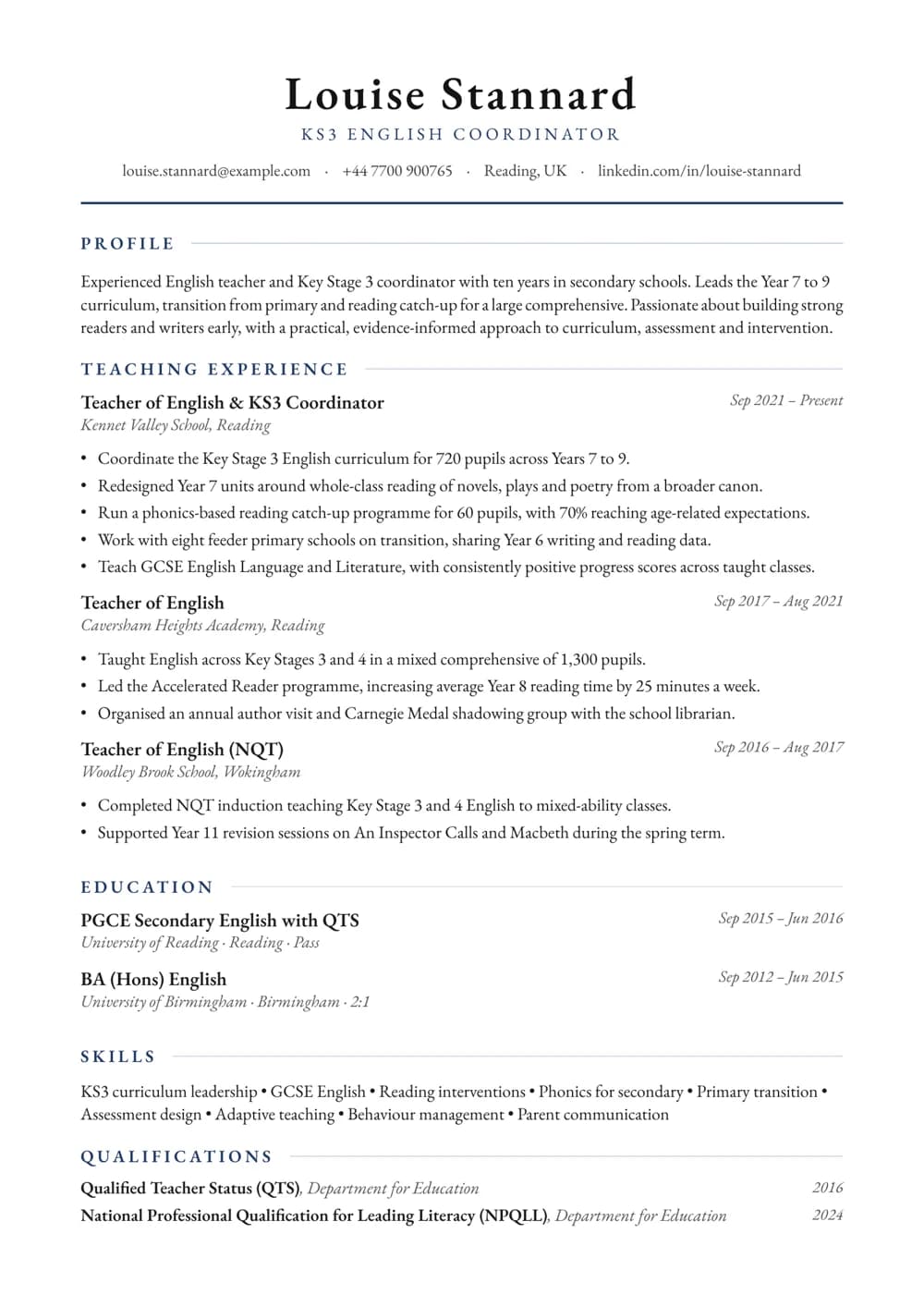 KS3 English Coordinator CV template