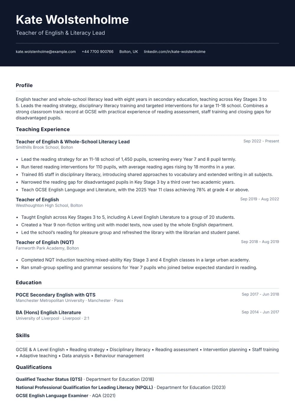 Whole-School Literacy Lead CV template