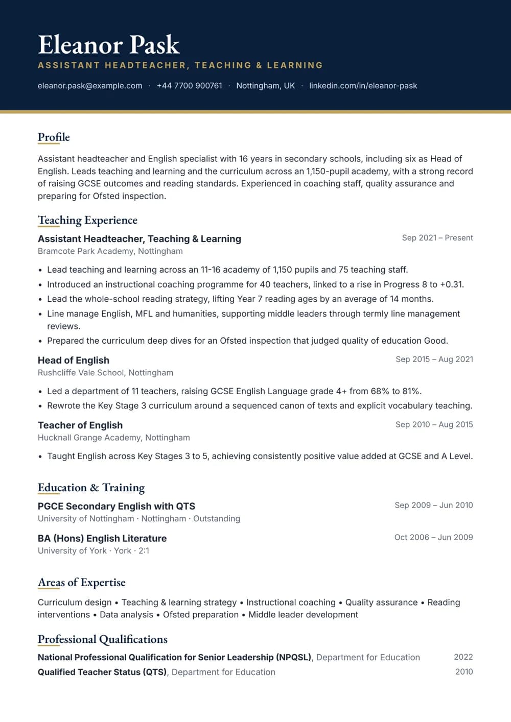Assistant Headteacher (English) CV template
