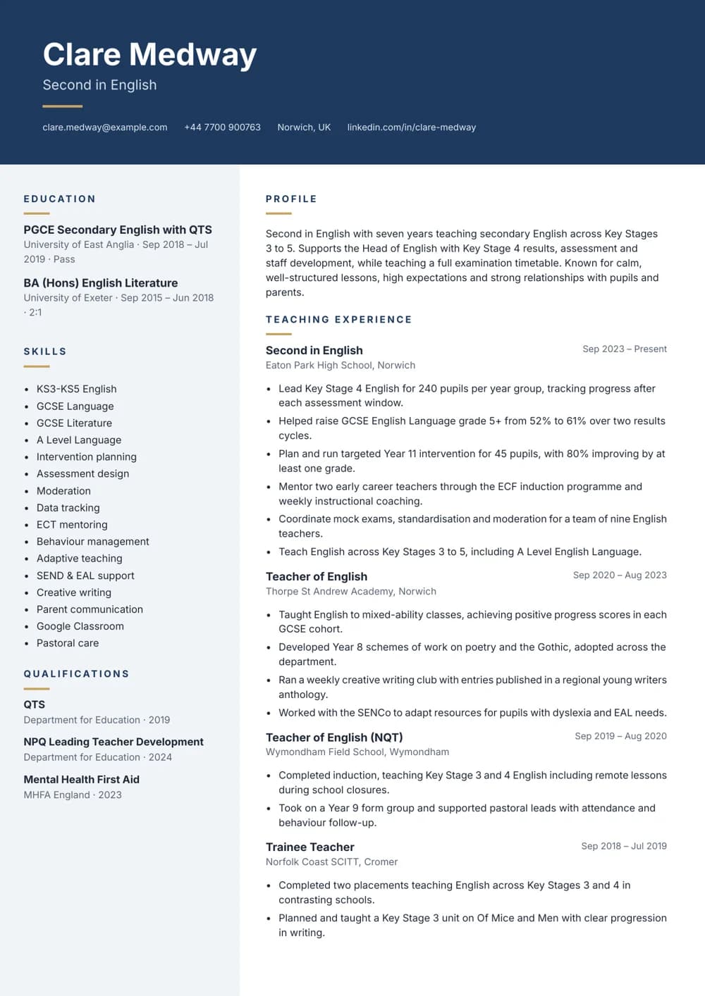 Second in English CV template
