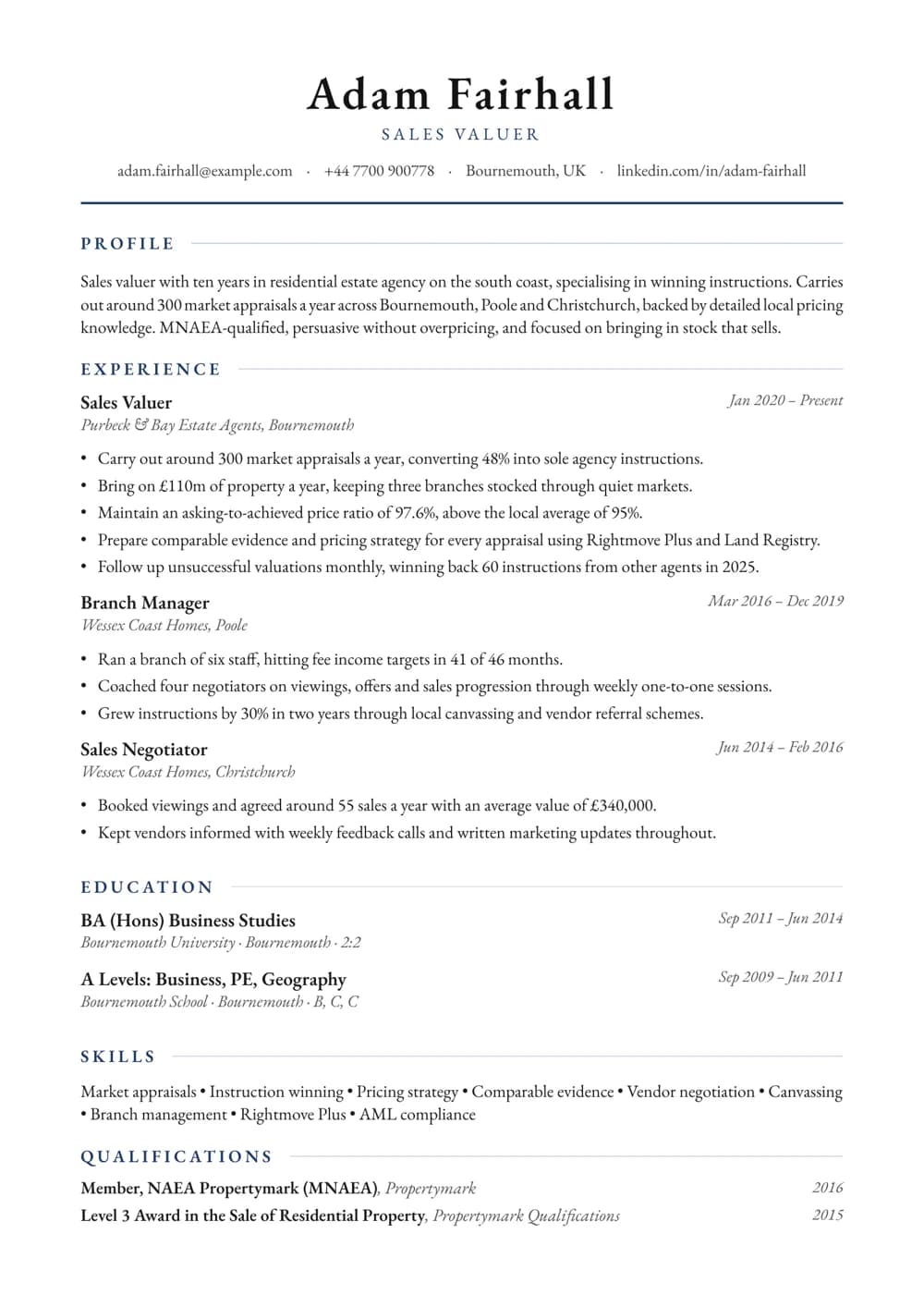 Sales Valuer CV template