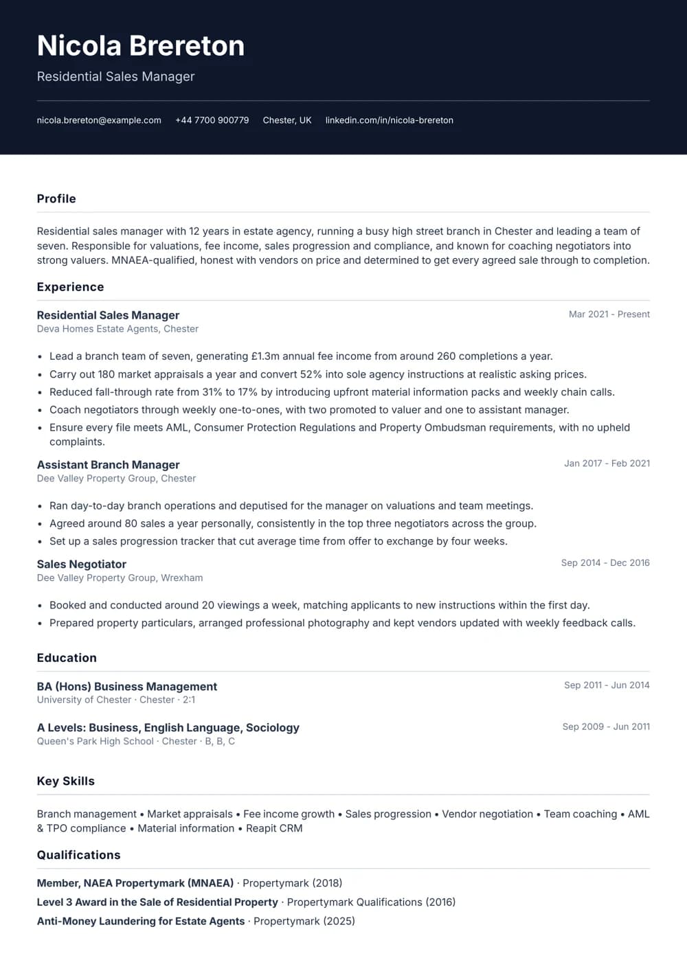 Residential Sales Manager CV template