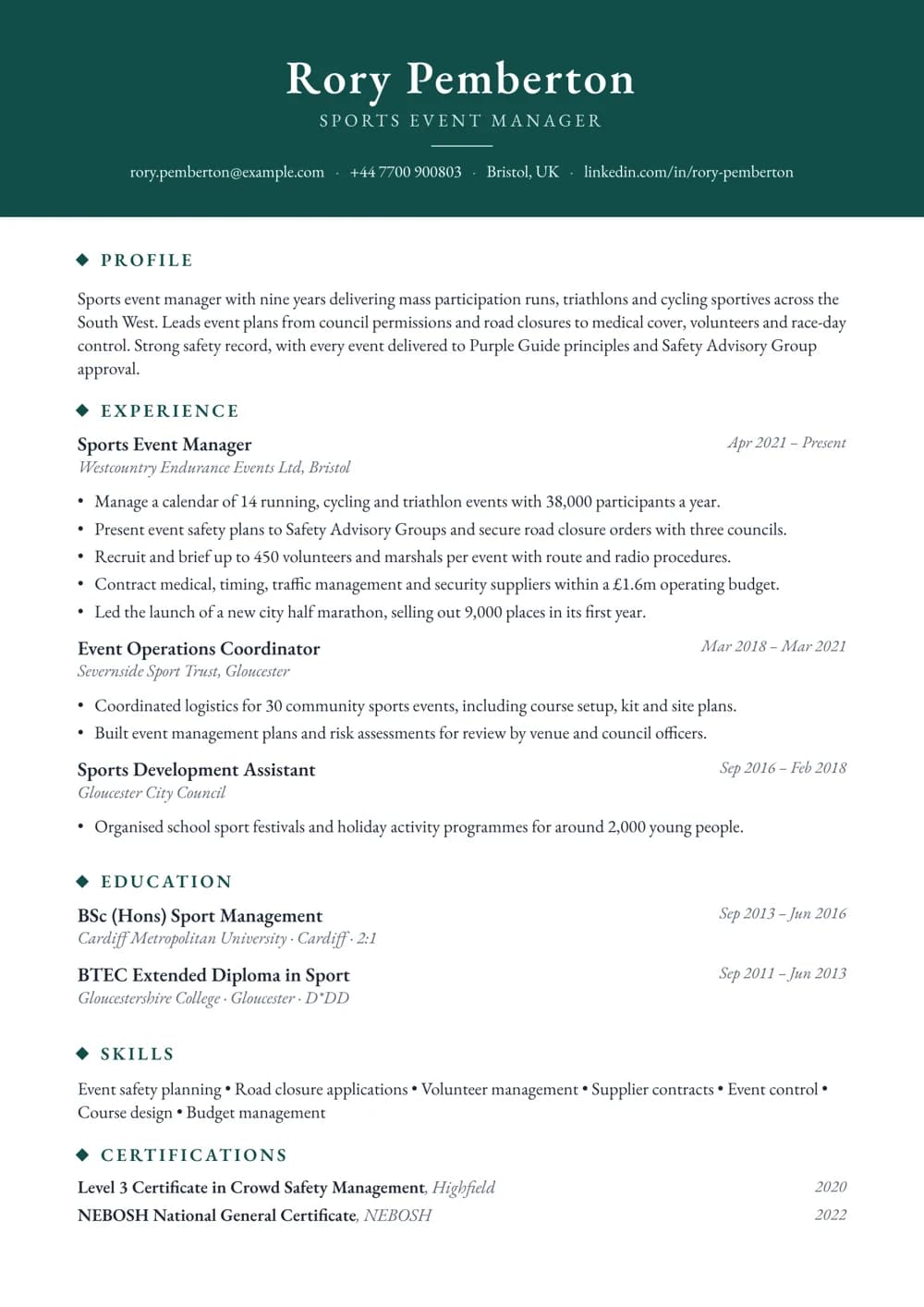 Sports Event Manager CV template