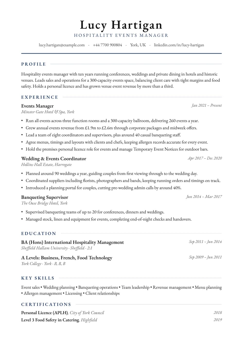 Hospitality Events Manager CV template