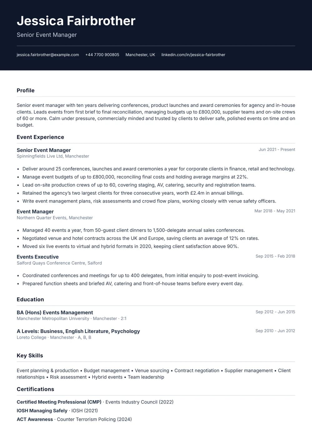 Senior Event Manager CV template