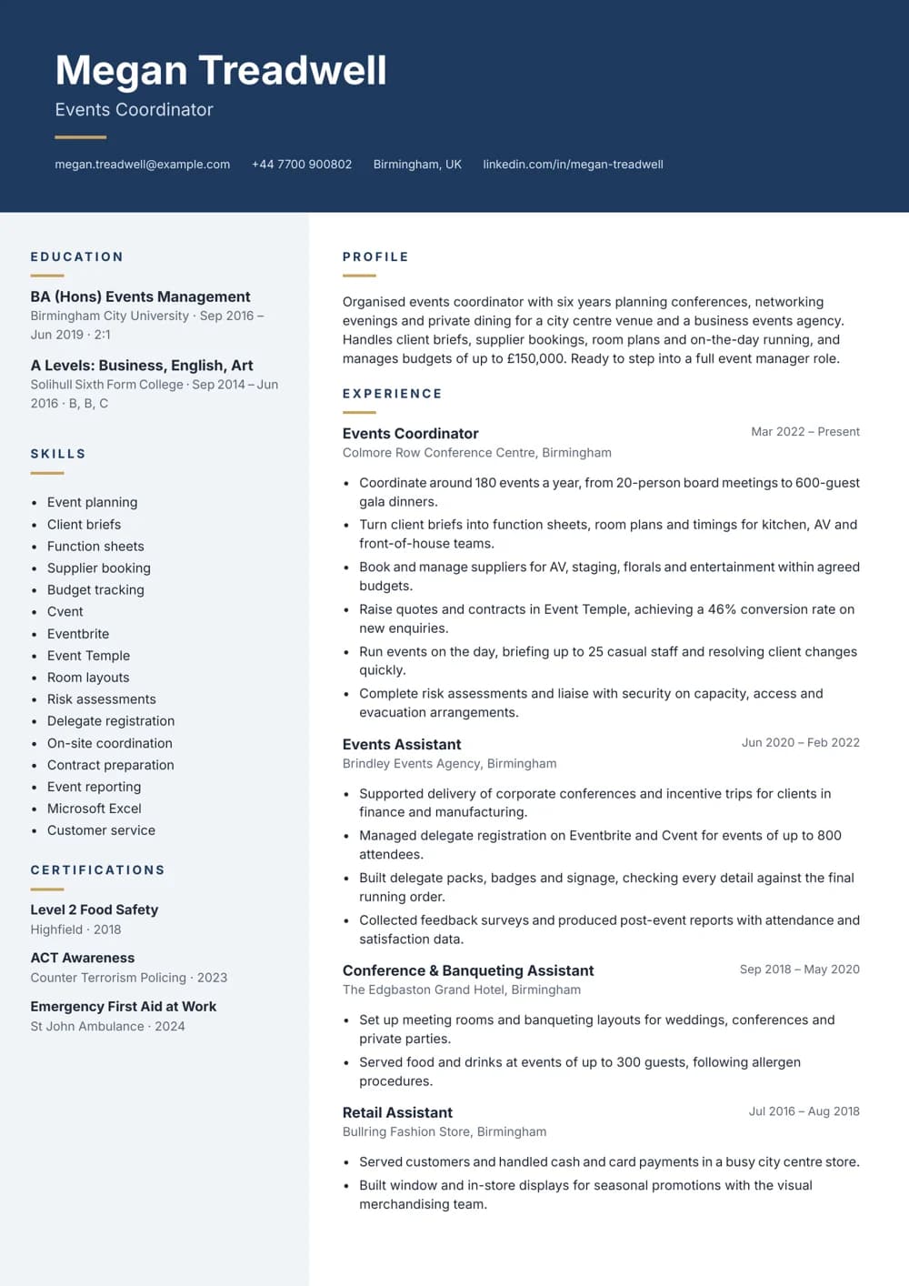 Events Coordinator CV template