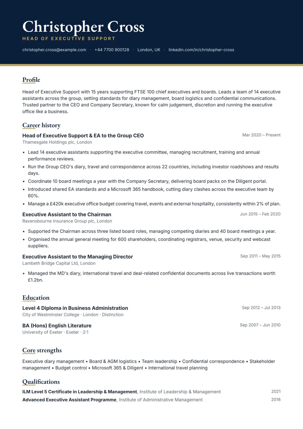 head of executive support cv template