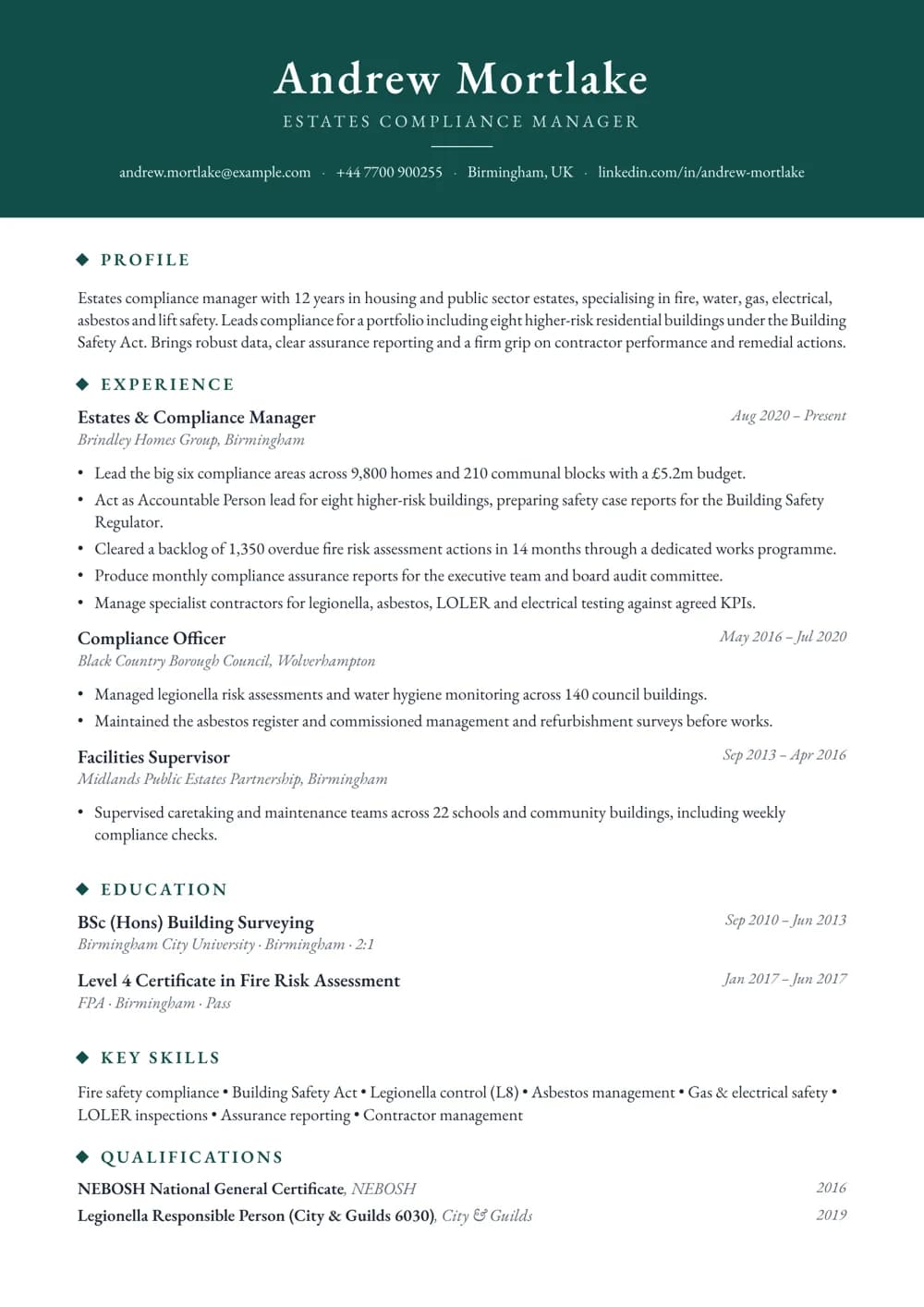 Estates & Compliance Manager CV template