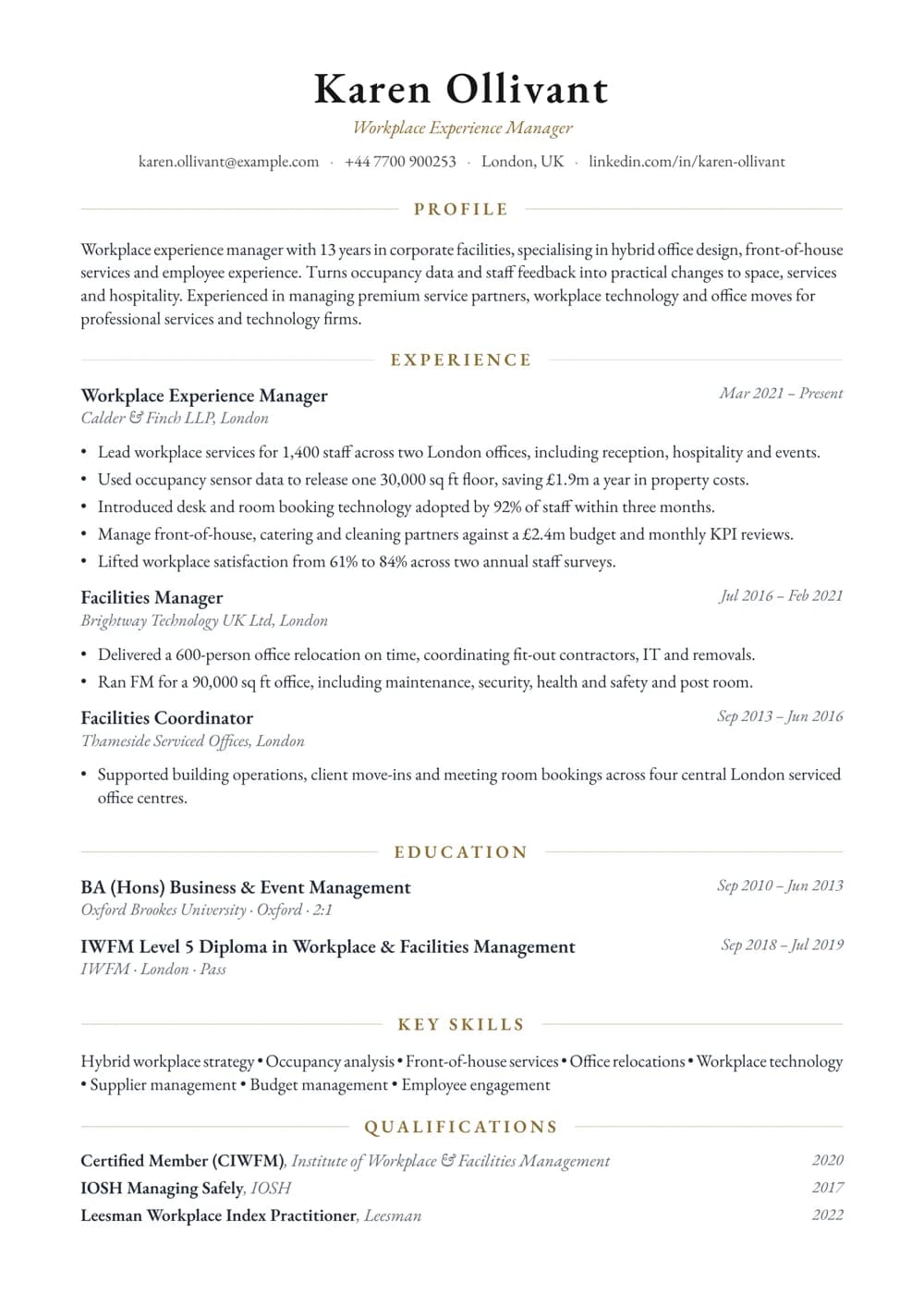 Workplace Experience Manager CV template