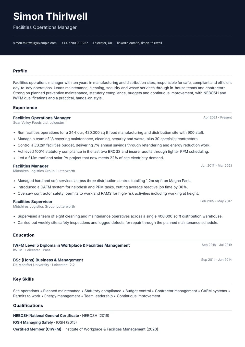 Facilities Operations Manager CV template