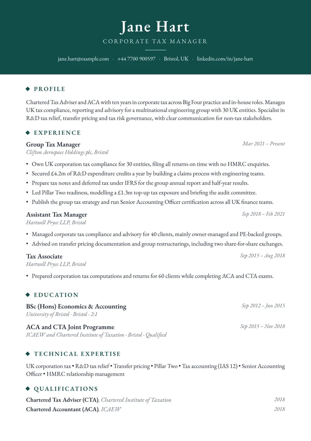 tax manager cv template