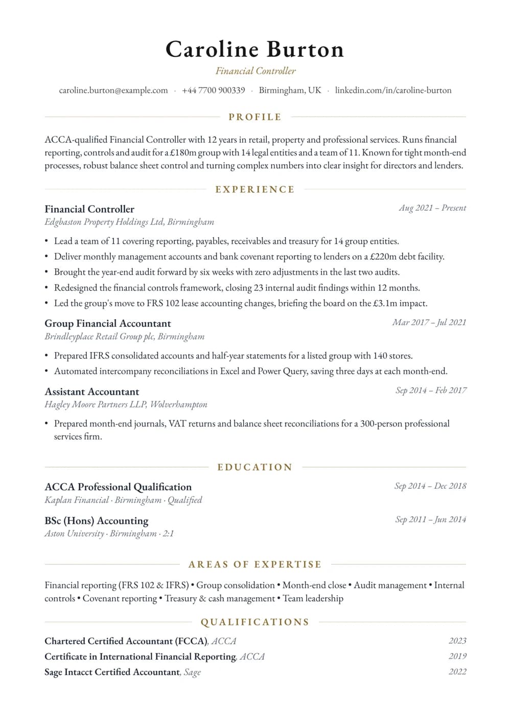 Financial Controller CV template