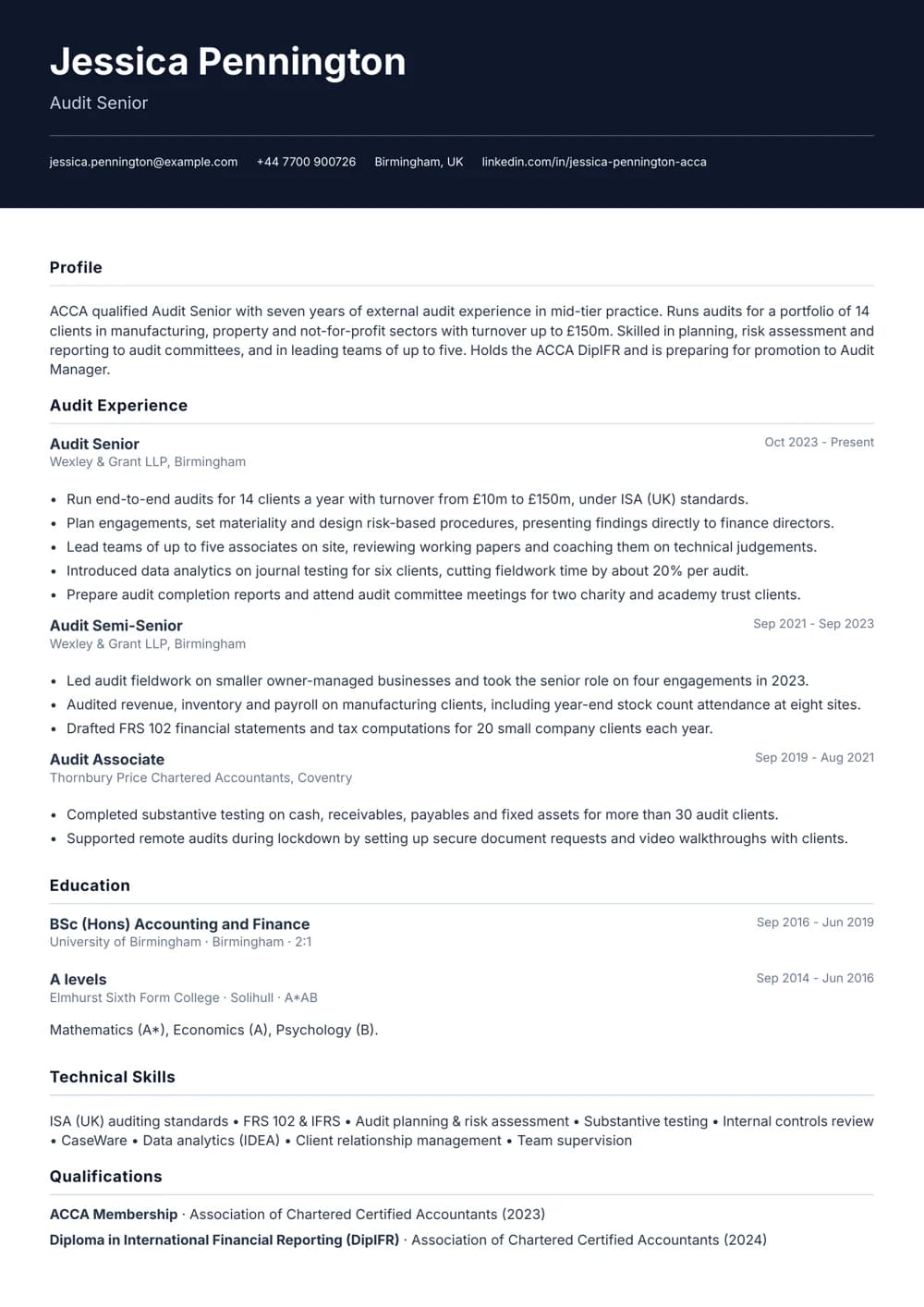 audit senior cv template