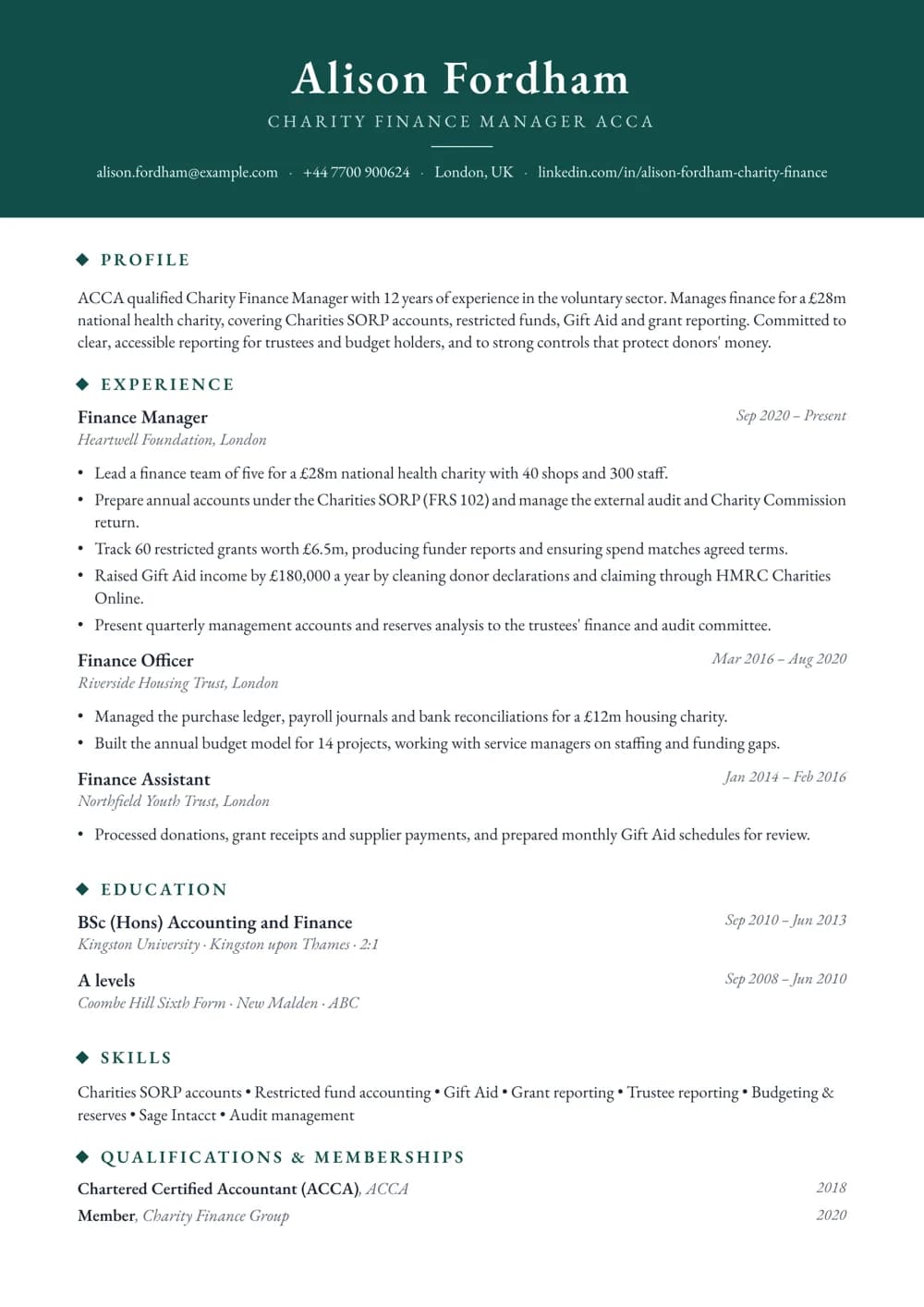 Charity Finance Manager CV template