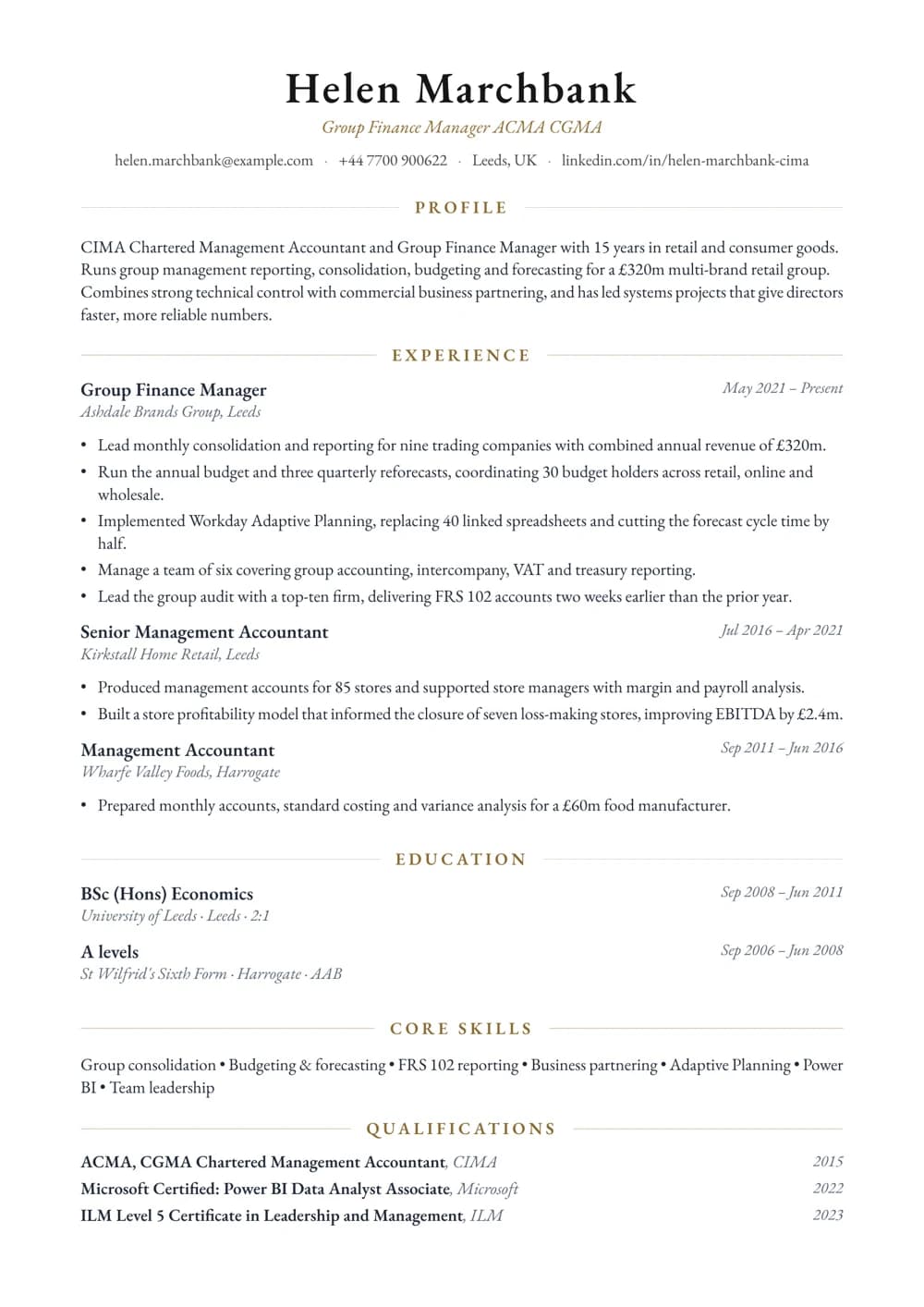 Group Finance Manager CV template