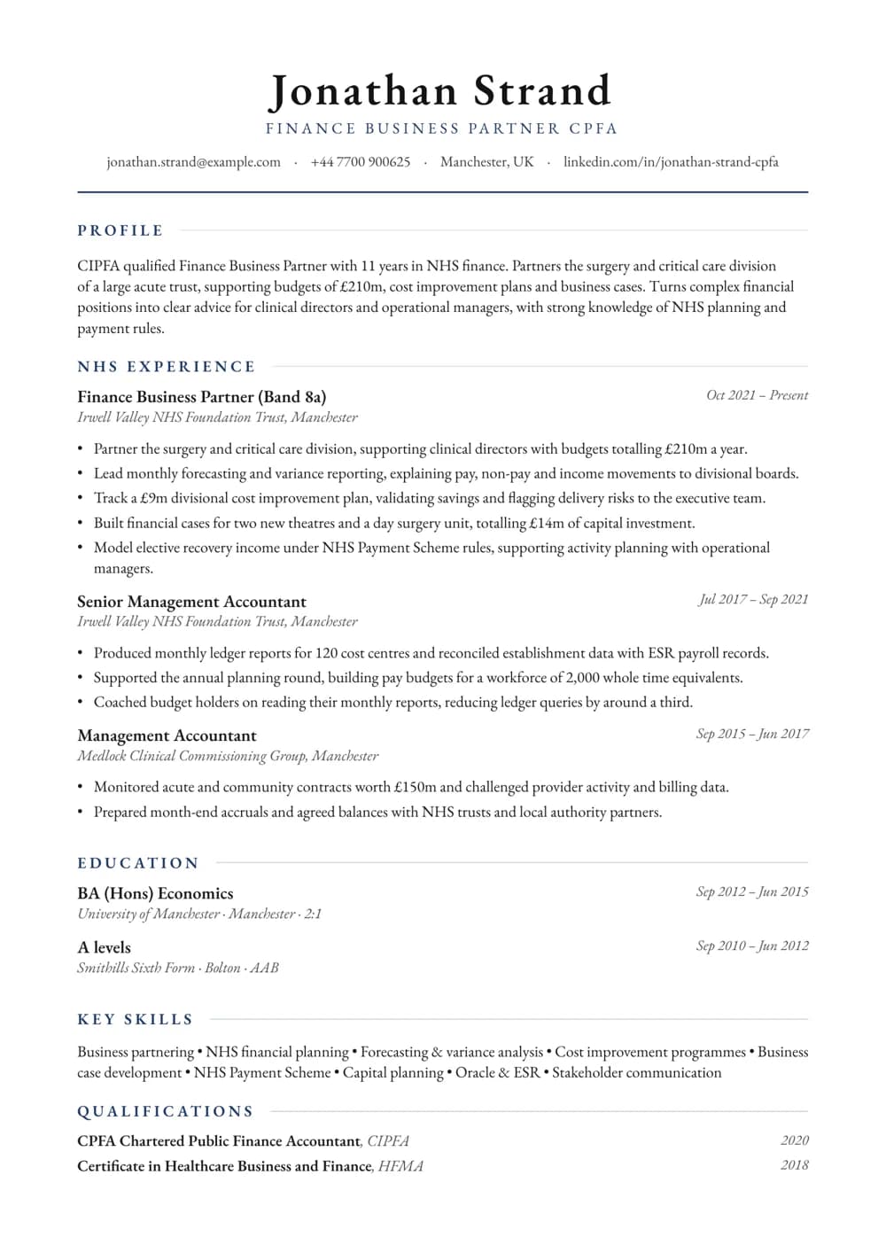 NHS Finance Business Partner CV template